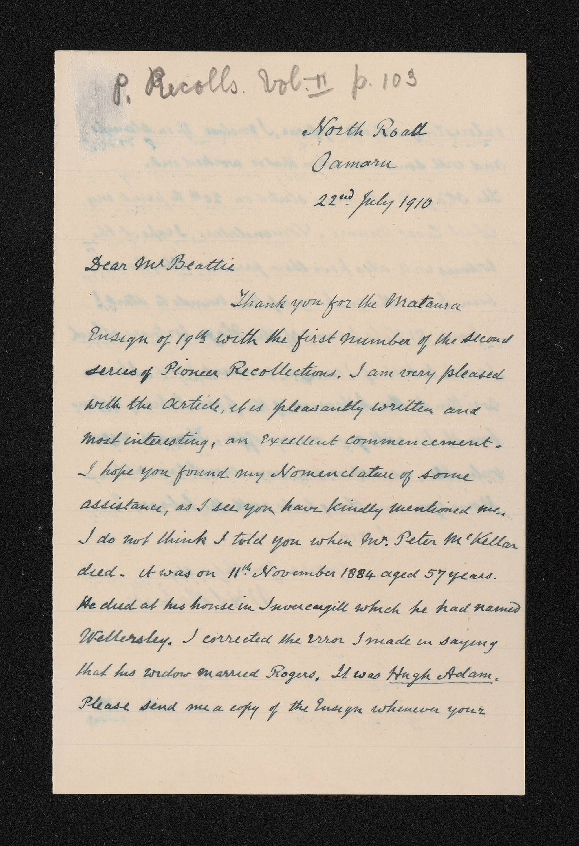 Letter, 22 July 1910, from W.H.S. Roberts, to Herries Beattie