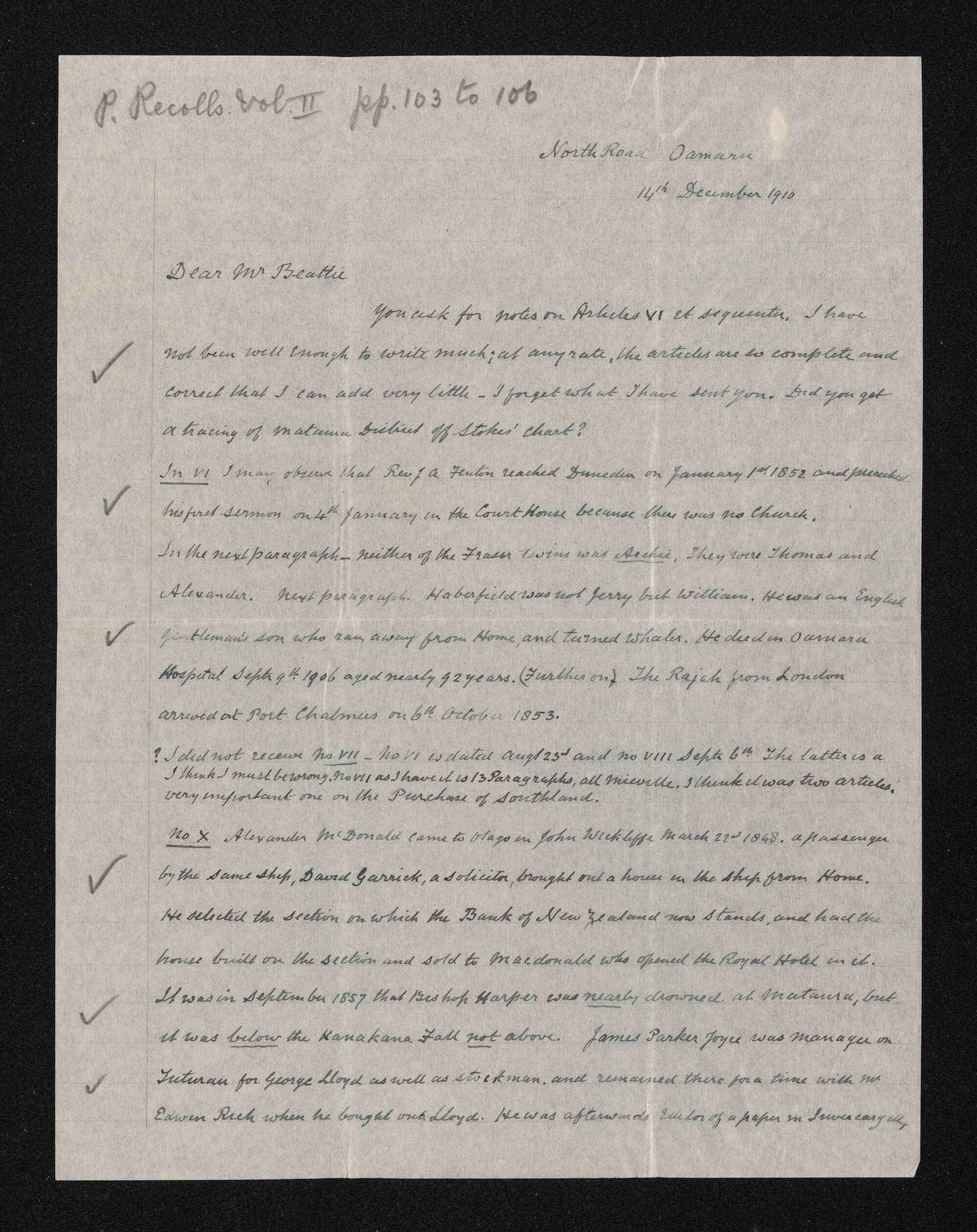 Letter, 14 December 1910, from W.H.S. Roberts, to Herries Beattie