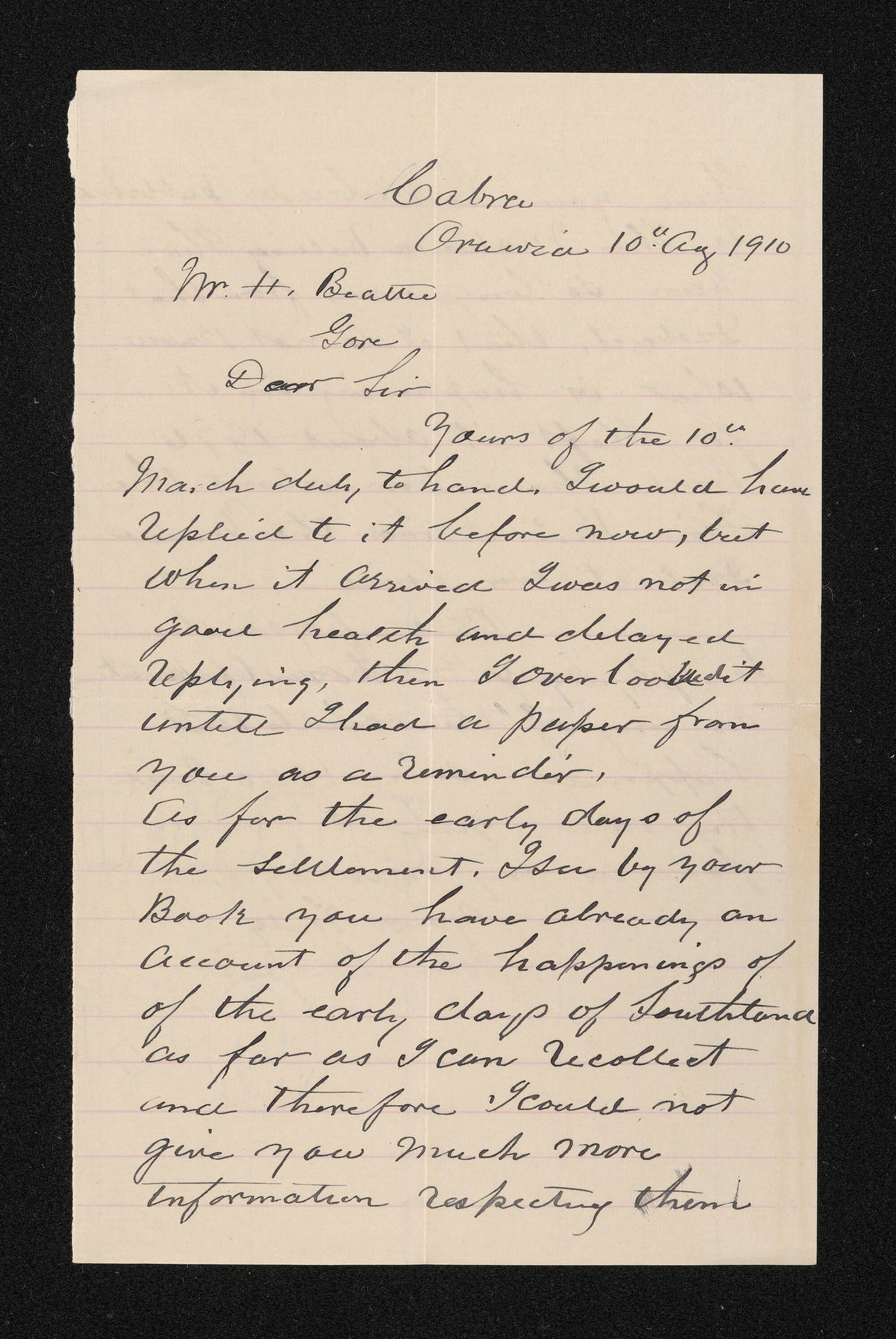 Letter, 10 August 1910, from John Sinclair, to Herries Beattie