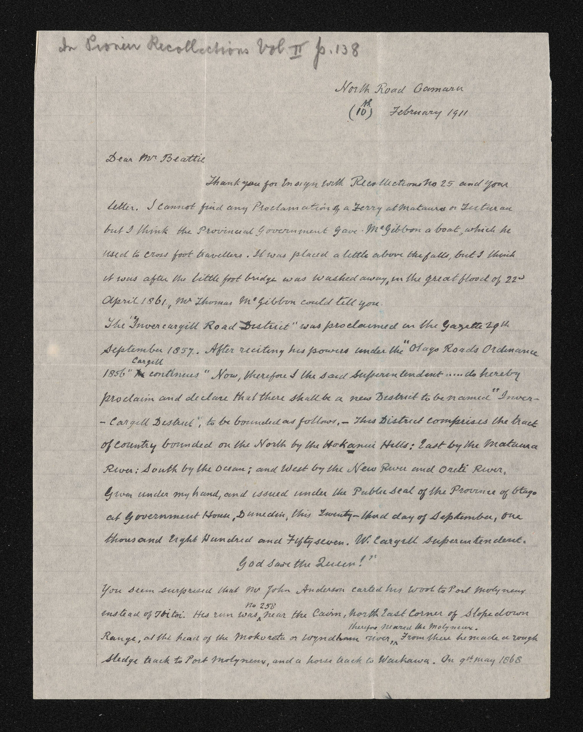 Letter, 10 February 1911, from W.H.S. Roberts, to Herries Beattie