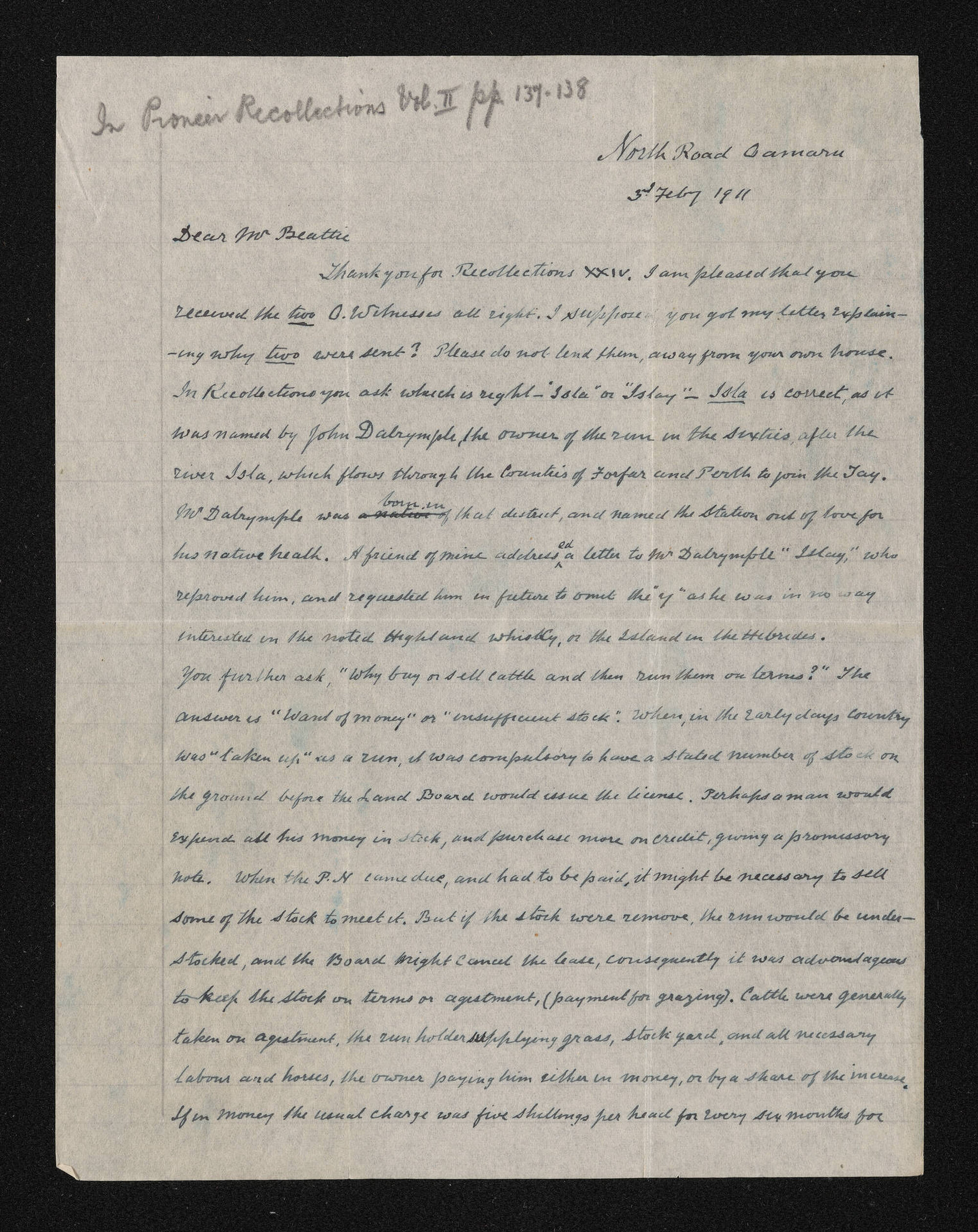 Letter, 3 February 1911, from W.H.S. Roberts, to Herries Beattie