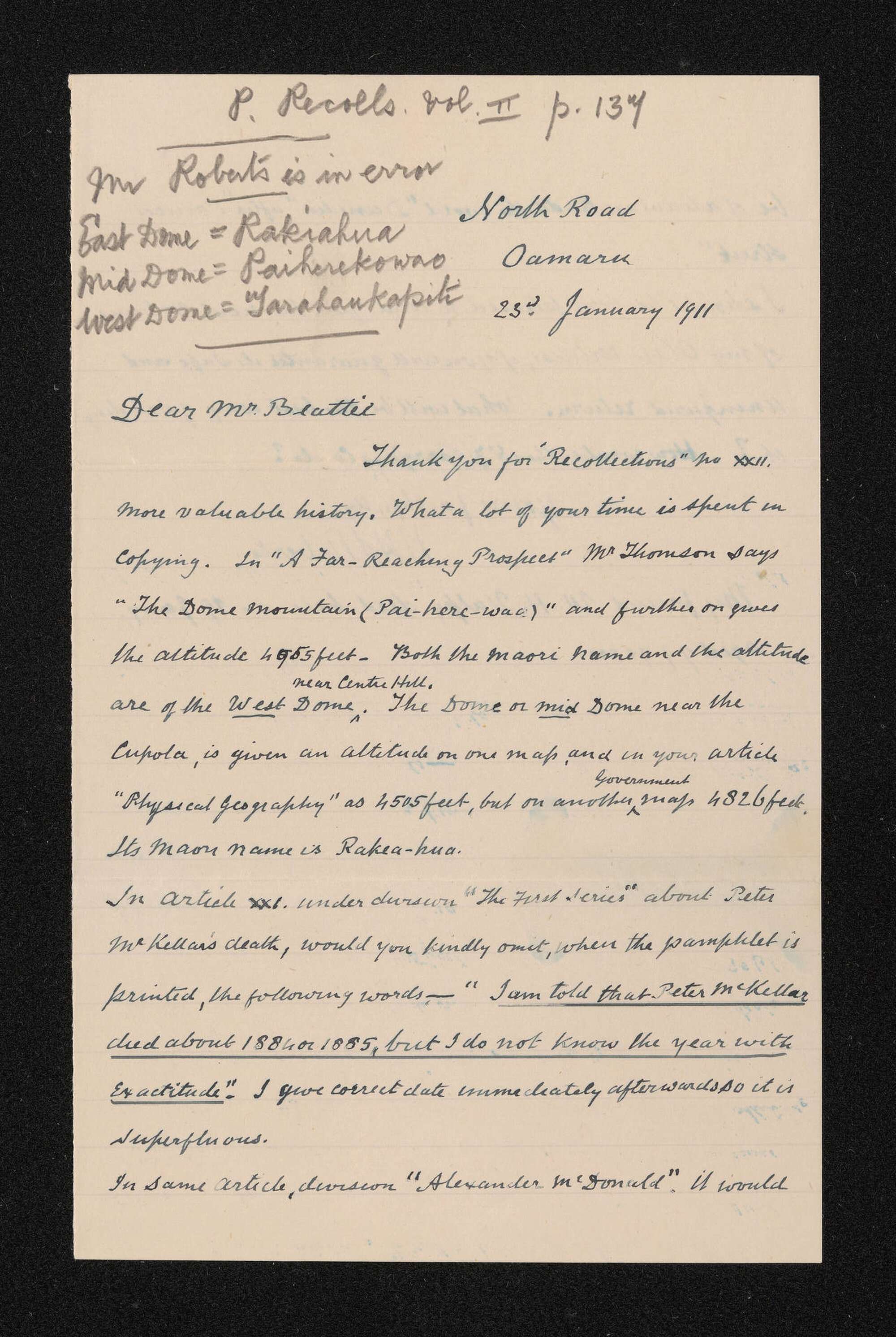 Letter, 23 January 1911, from W.H.S. Roberts, to Herries Beattie