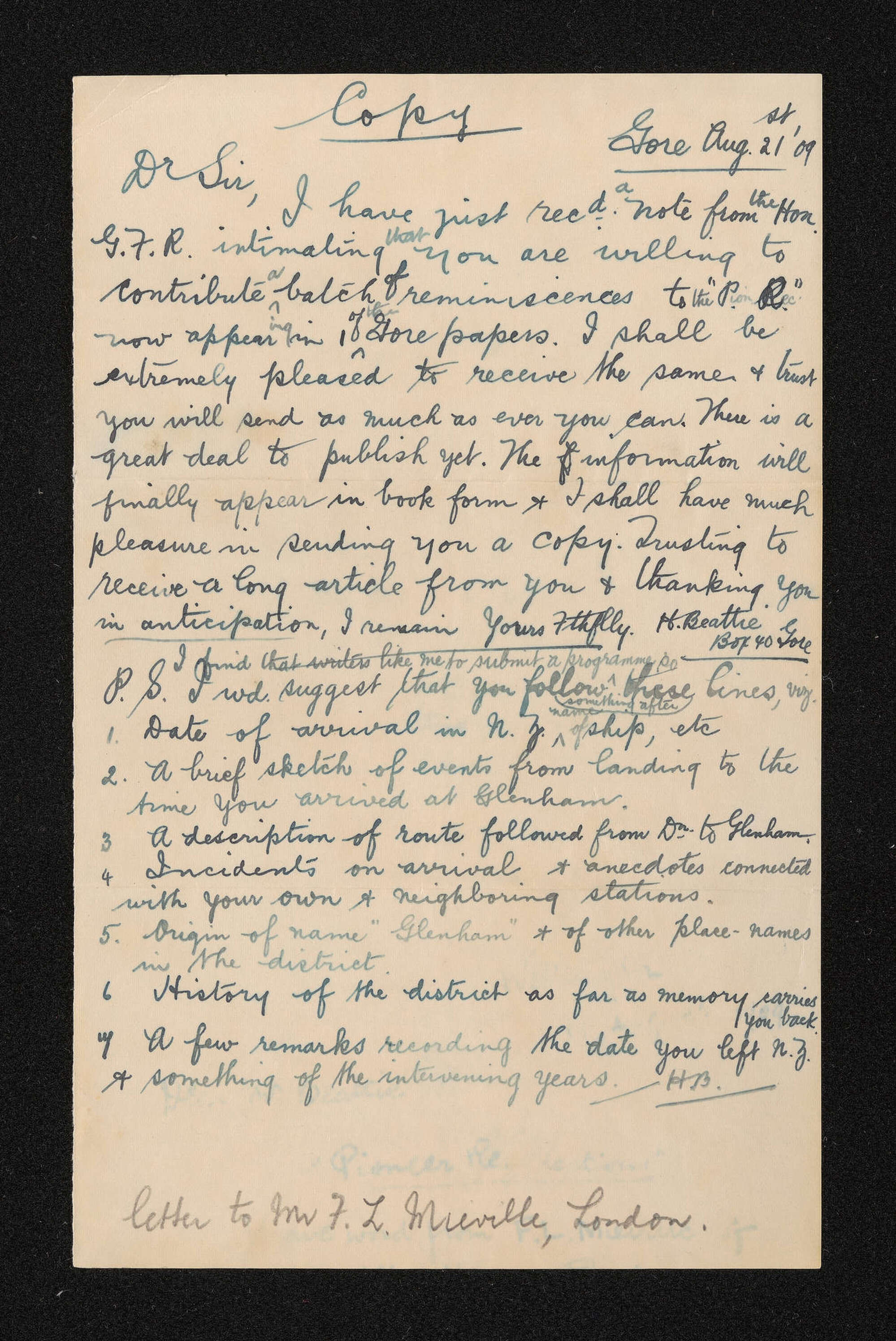 Copy of letter, 21 August 1909, from Herries Beattie to F.L. Mieville