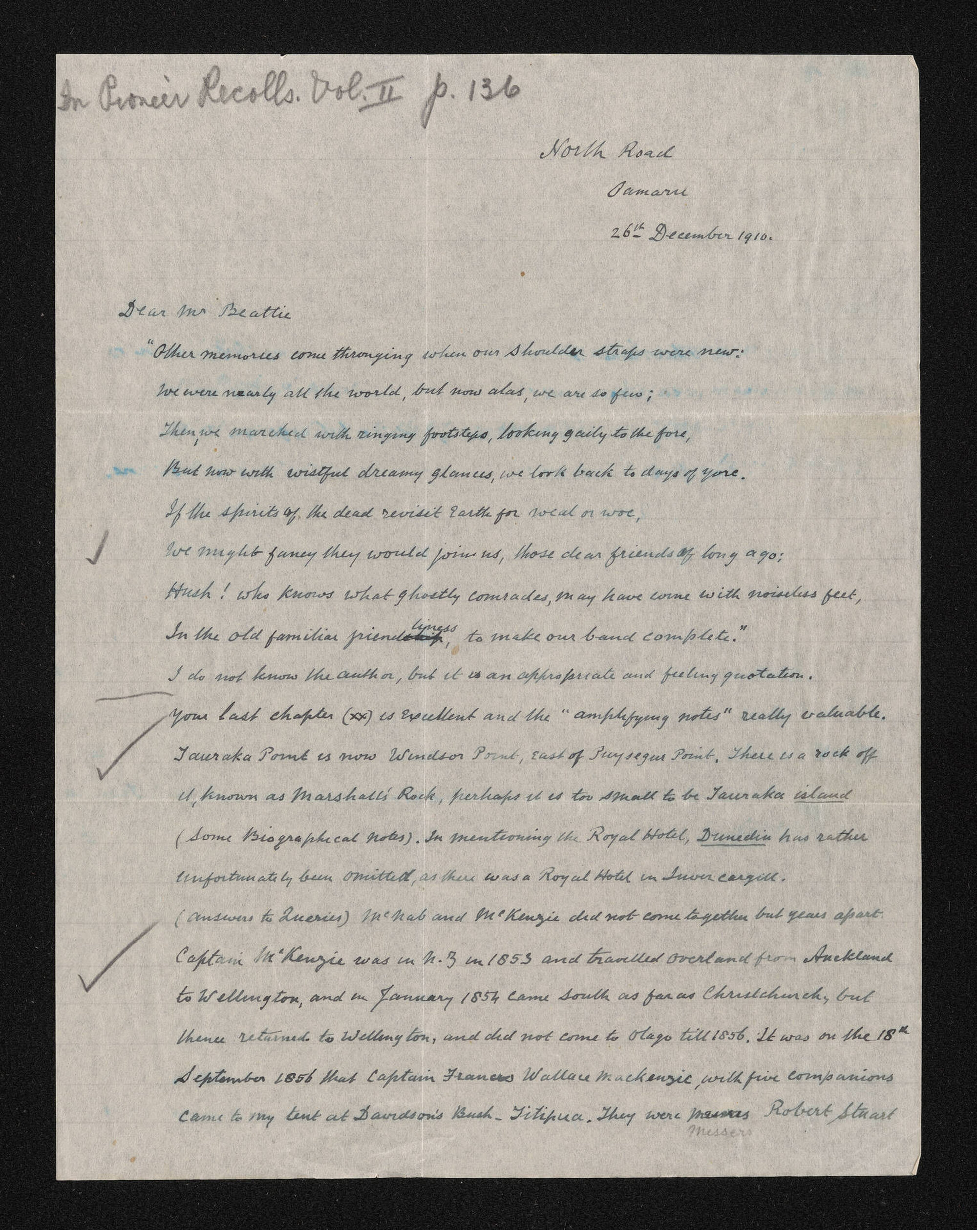 Letter, 26 December 1910, from W.H.S. Roberts, to Herries Beattie