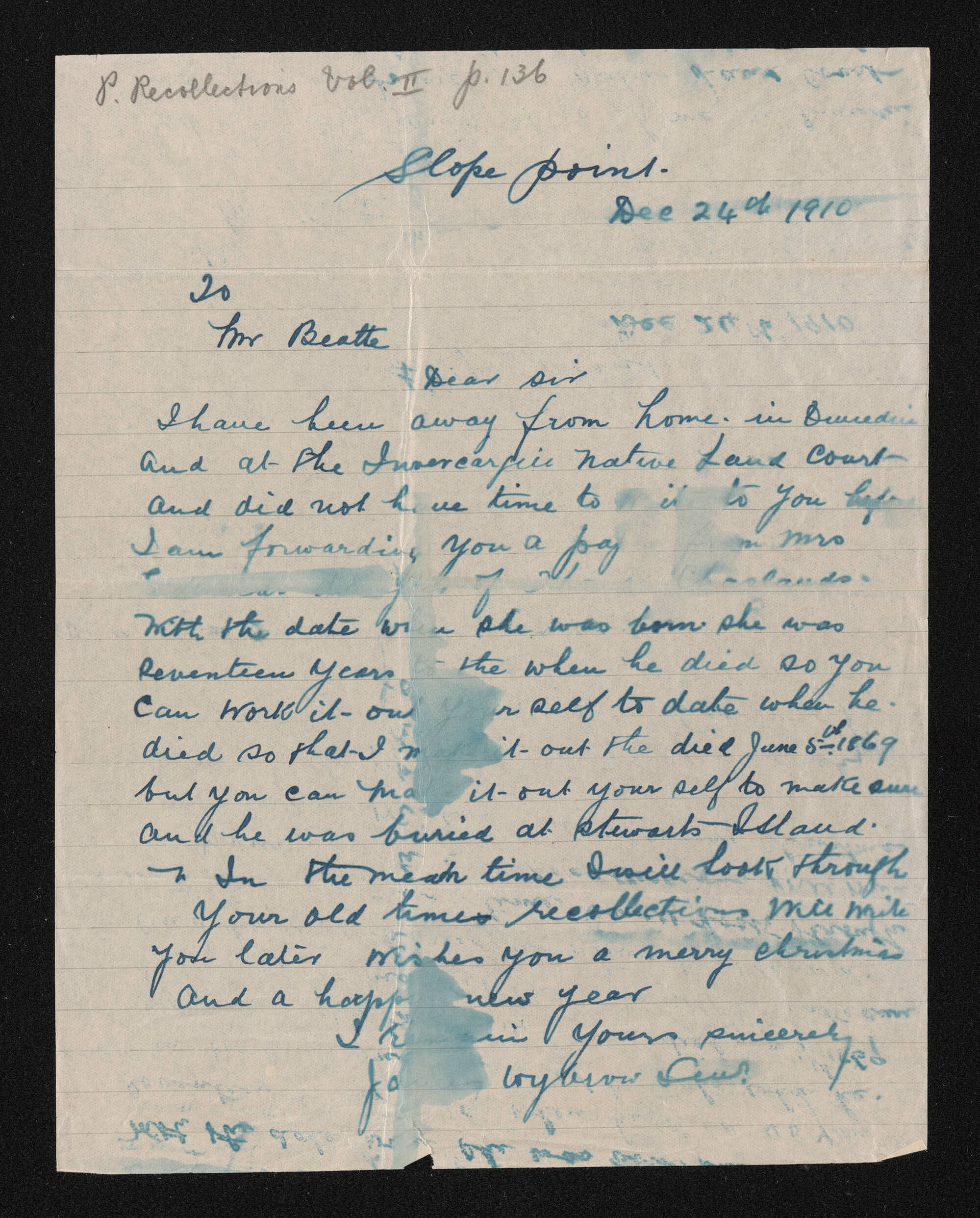 Letter, 24 December 1910, from James Wybrow Senr, to Herries Beattie