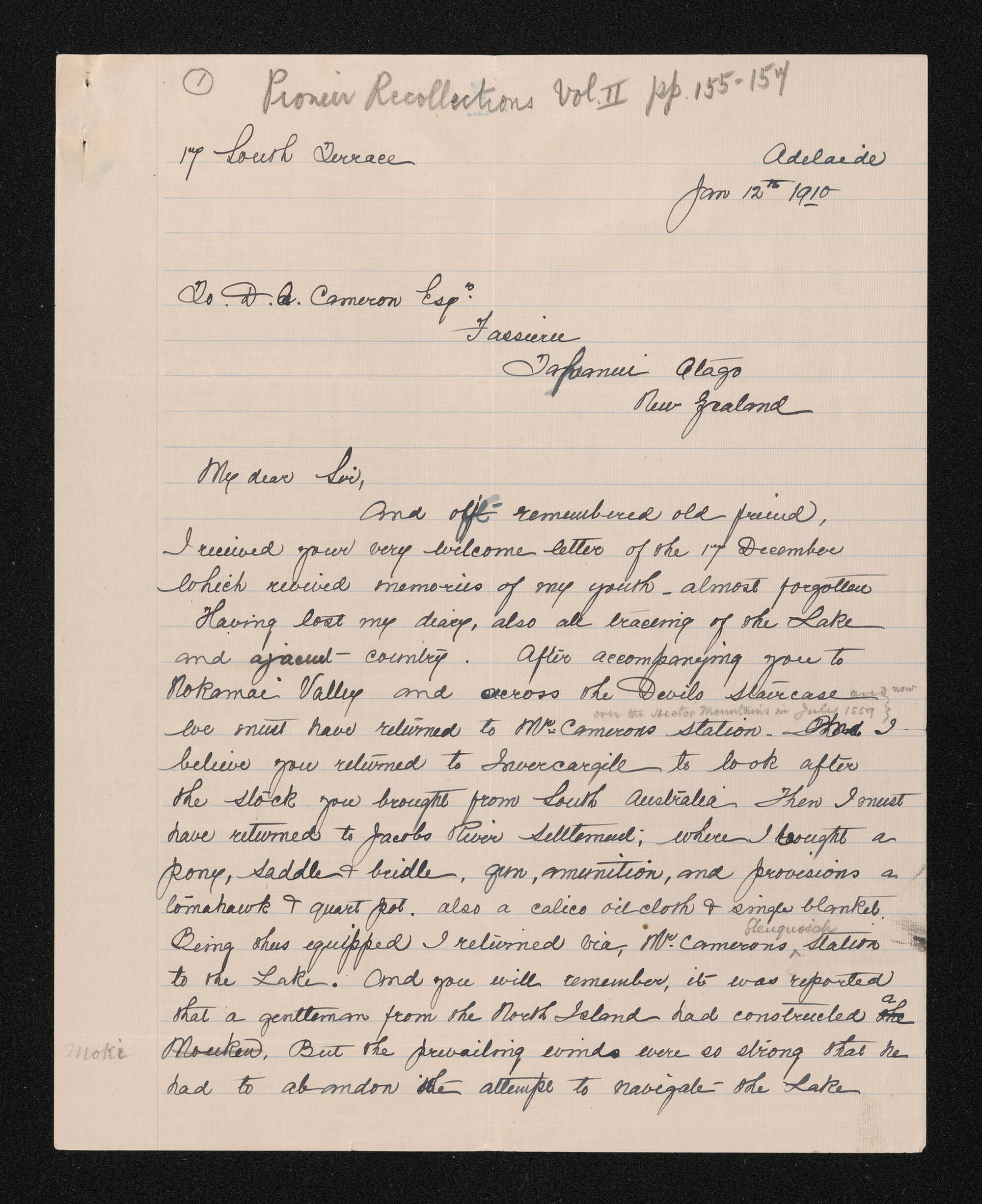 Letter, 12 January 1910, from Donald Hay, to D.A. Cameron Esqr