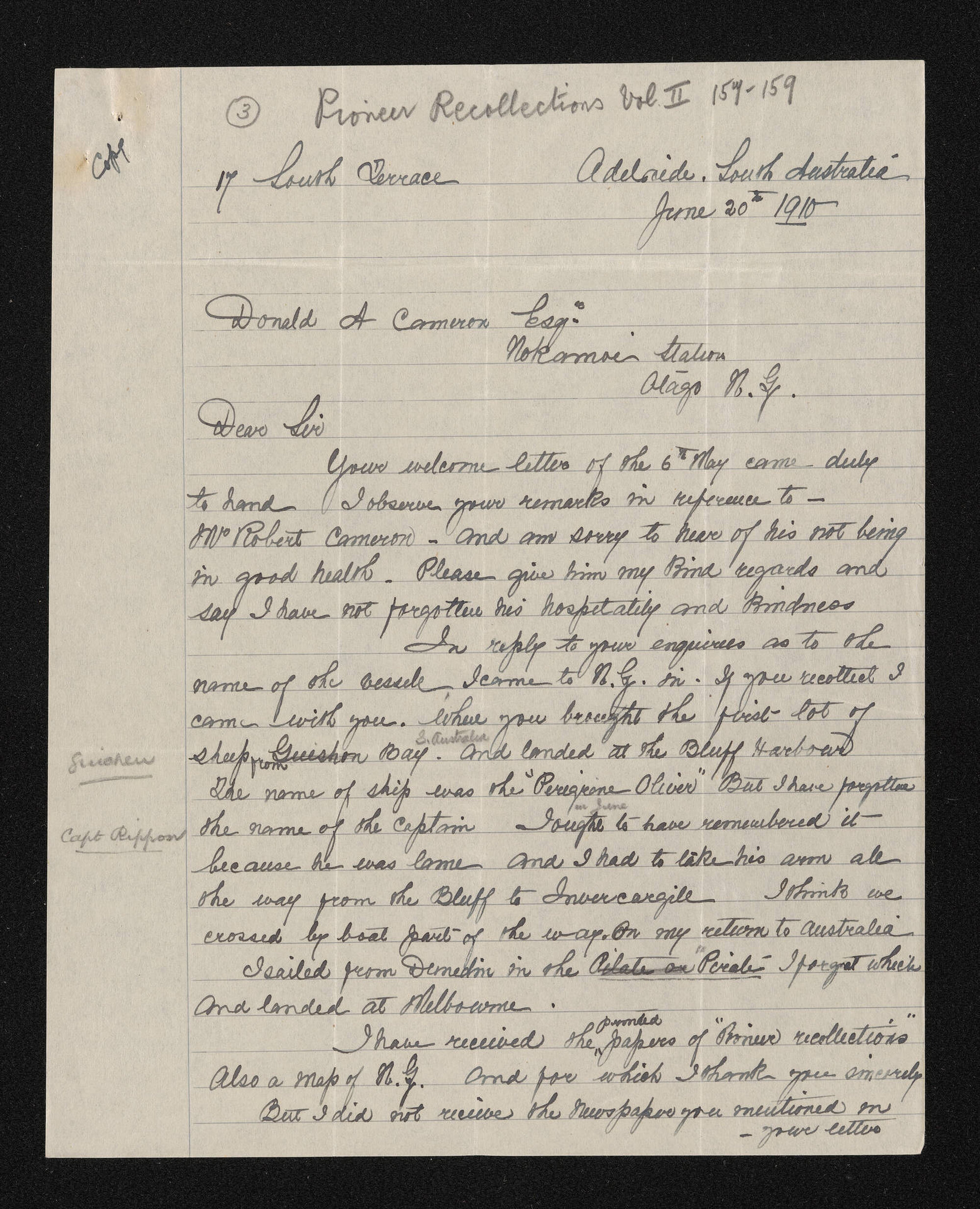 Letter, 20 June 1910, from Donald Hay, to D.A. Cameron Esqr