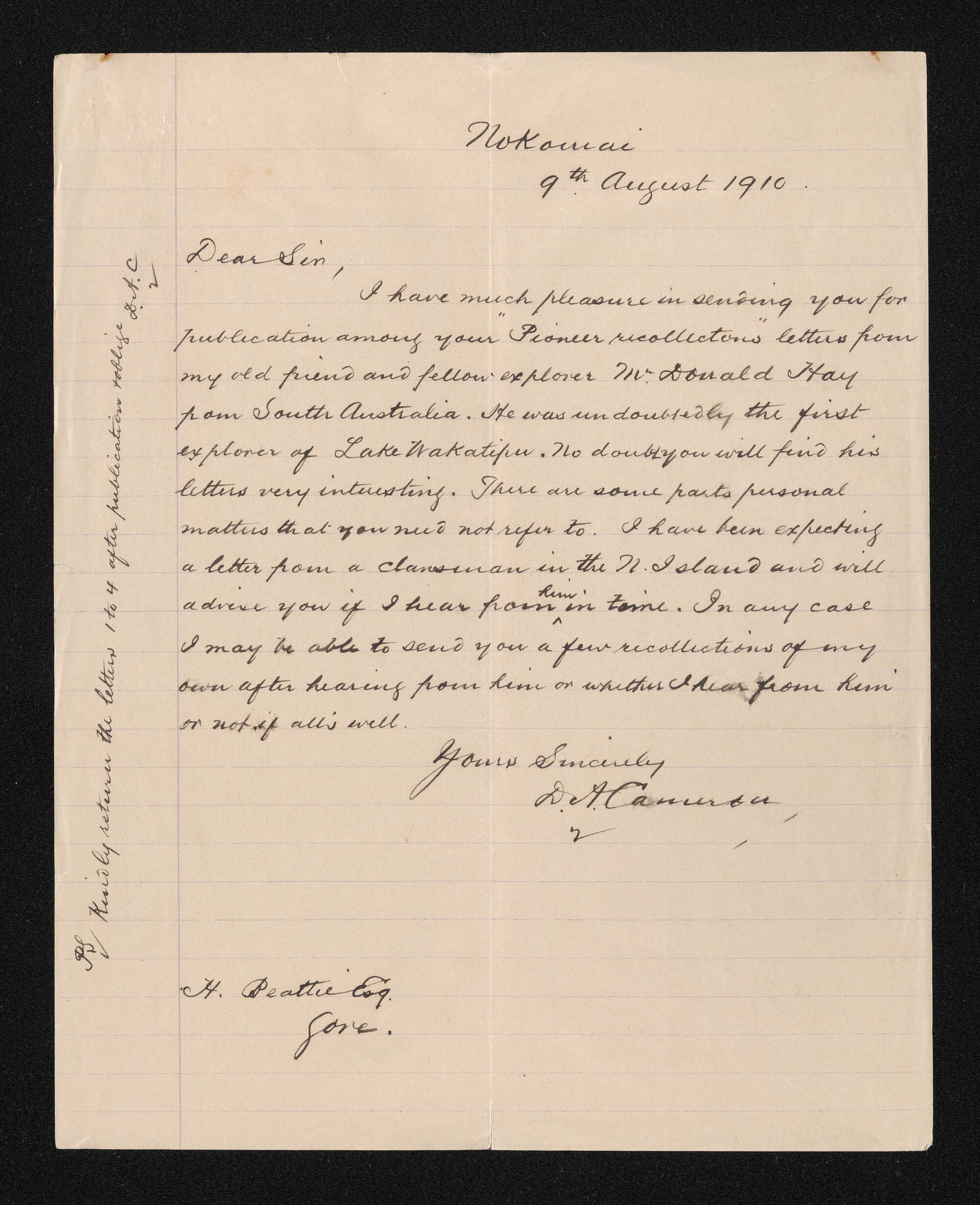 Letter, 9 August 1910, from D.A. Cameron, to Herries Beattie