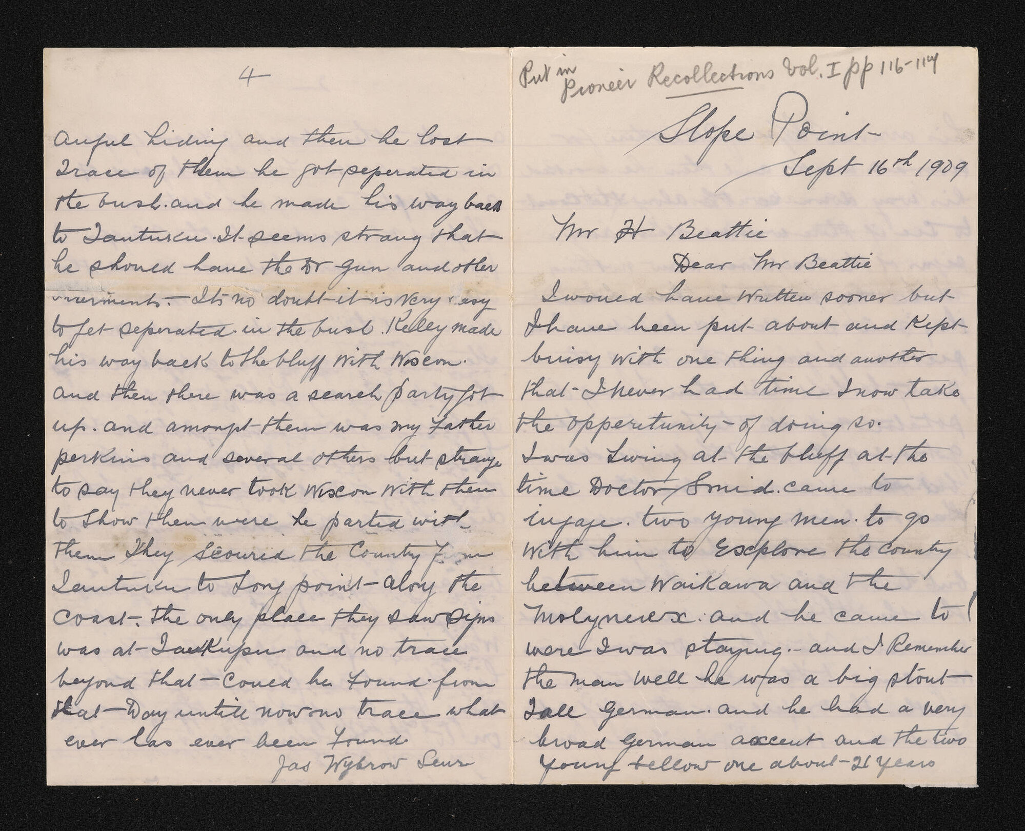 Letter, 16 September 1909, from Jas Wybrow Senr, to Herries Beattie