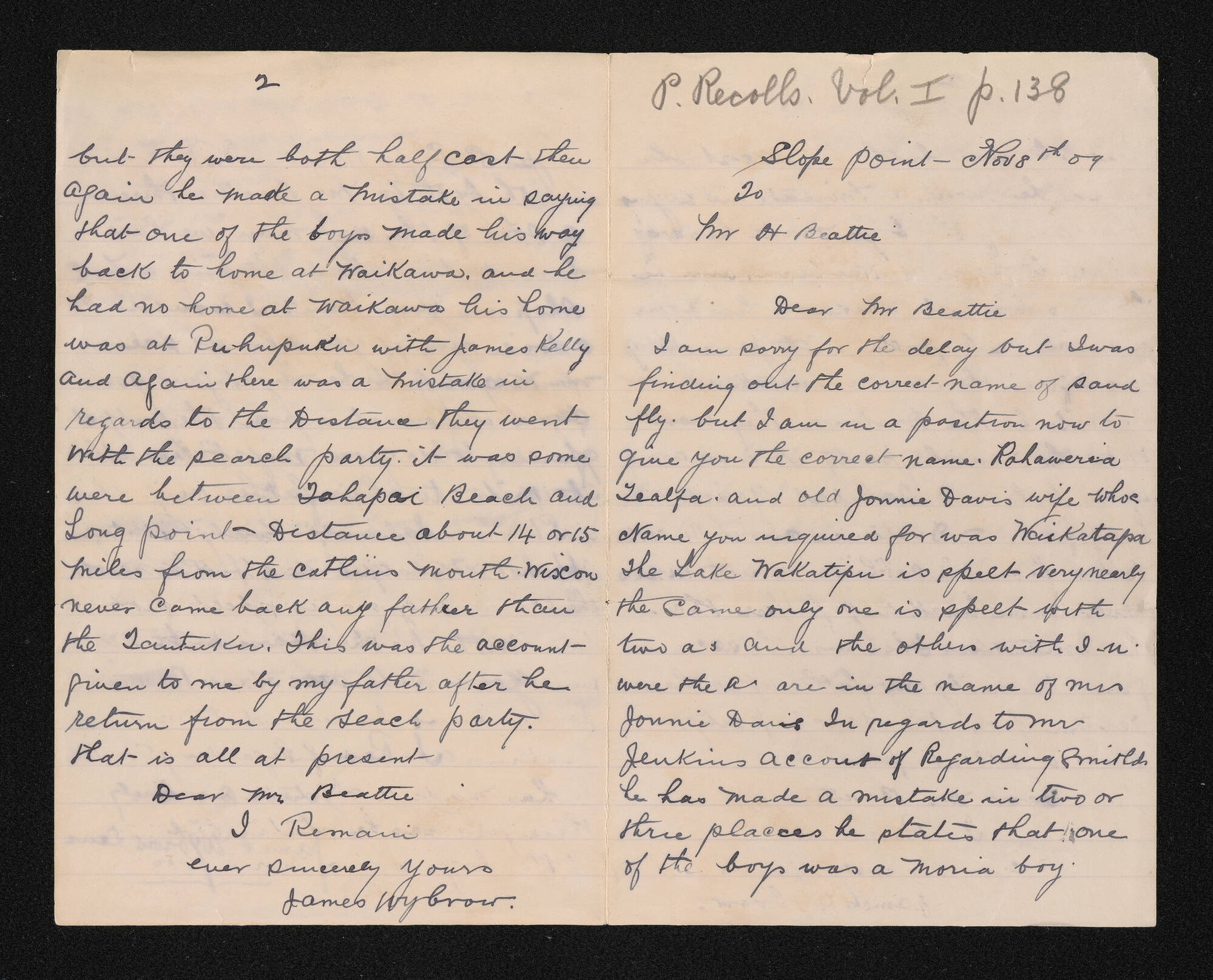 Letter, 8 November 1909, from James Wybrow, to Herries Beattie