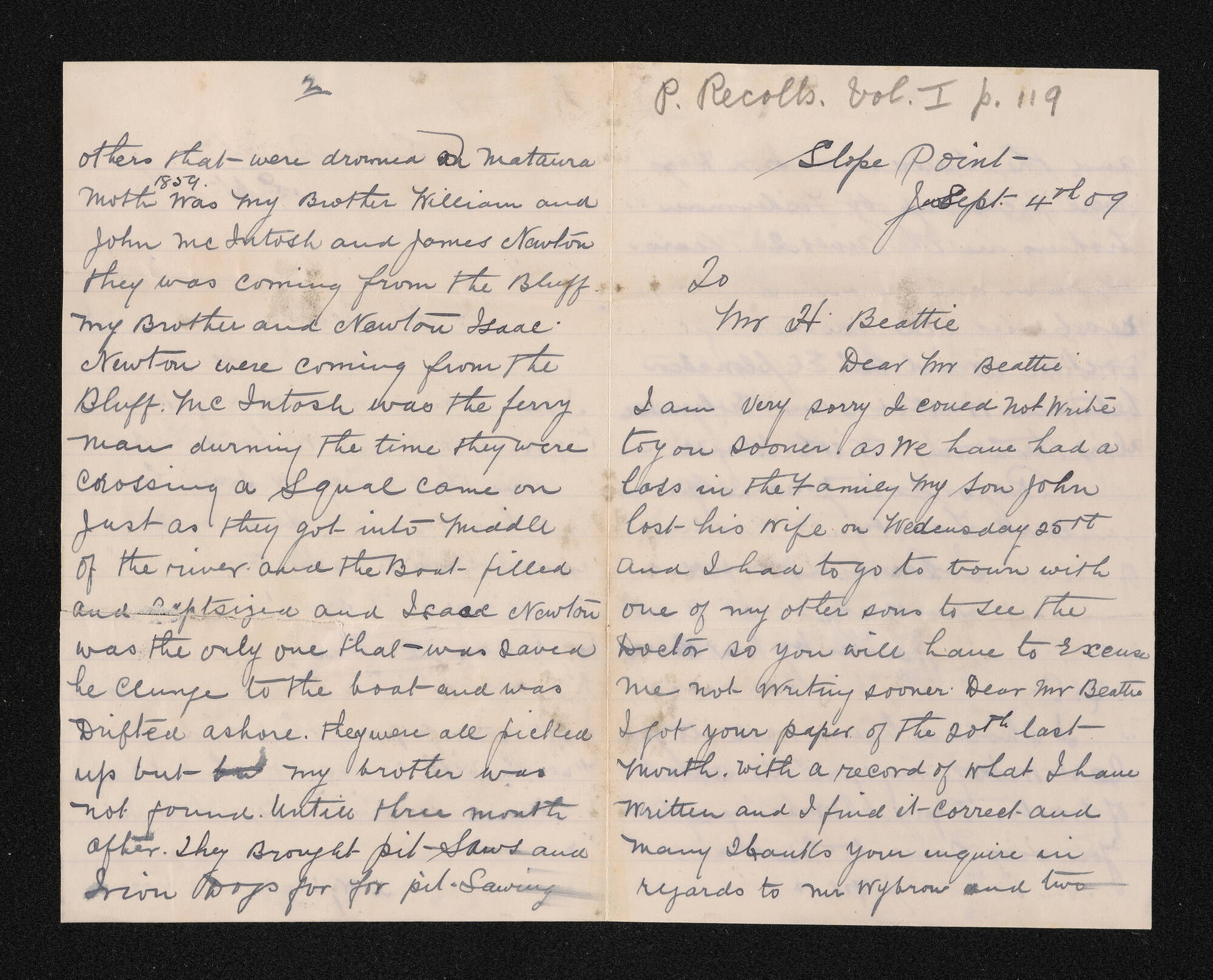 Letter, 4 September 1909, from James Wybrow Senr, to Herries Beattie