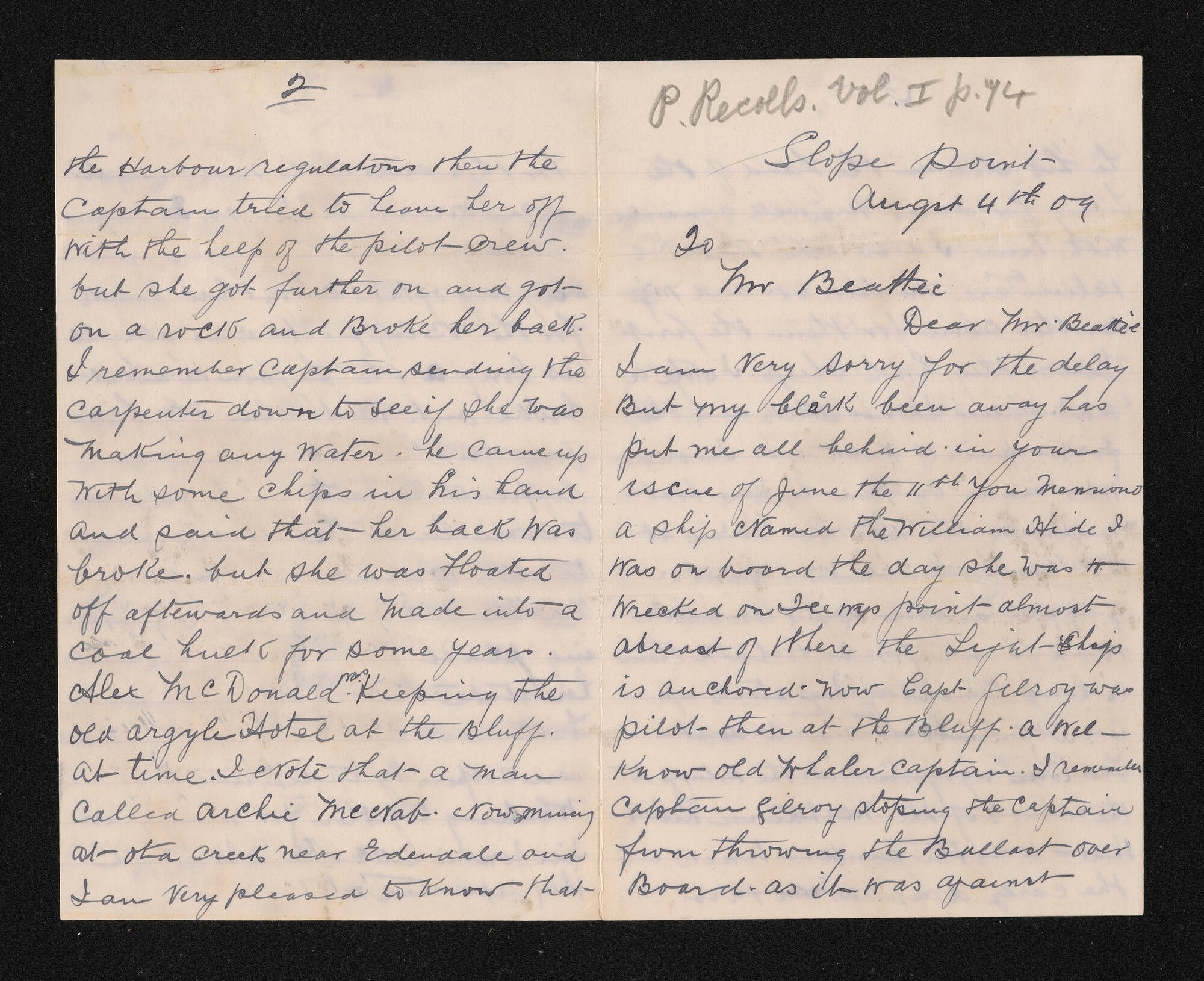 Letter, 4 August 1909, from James Wybrow, to Herries Beattie