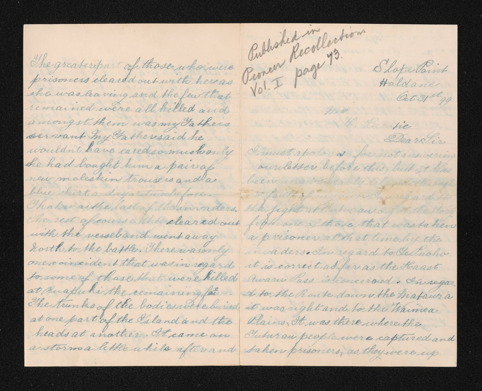 Letter, 31 October 1899, from James Wybrow, to Herries Beattie