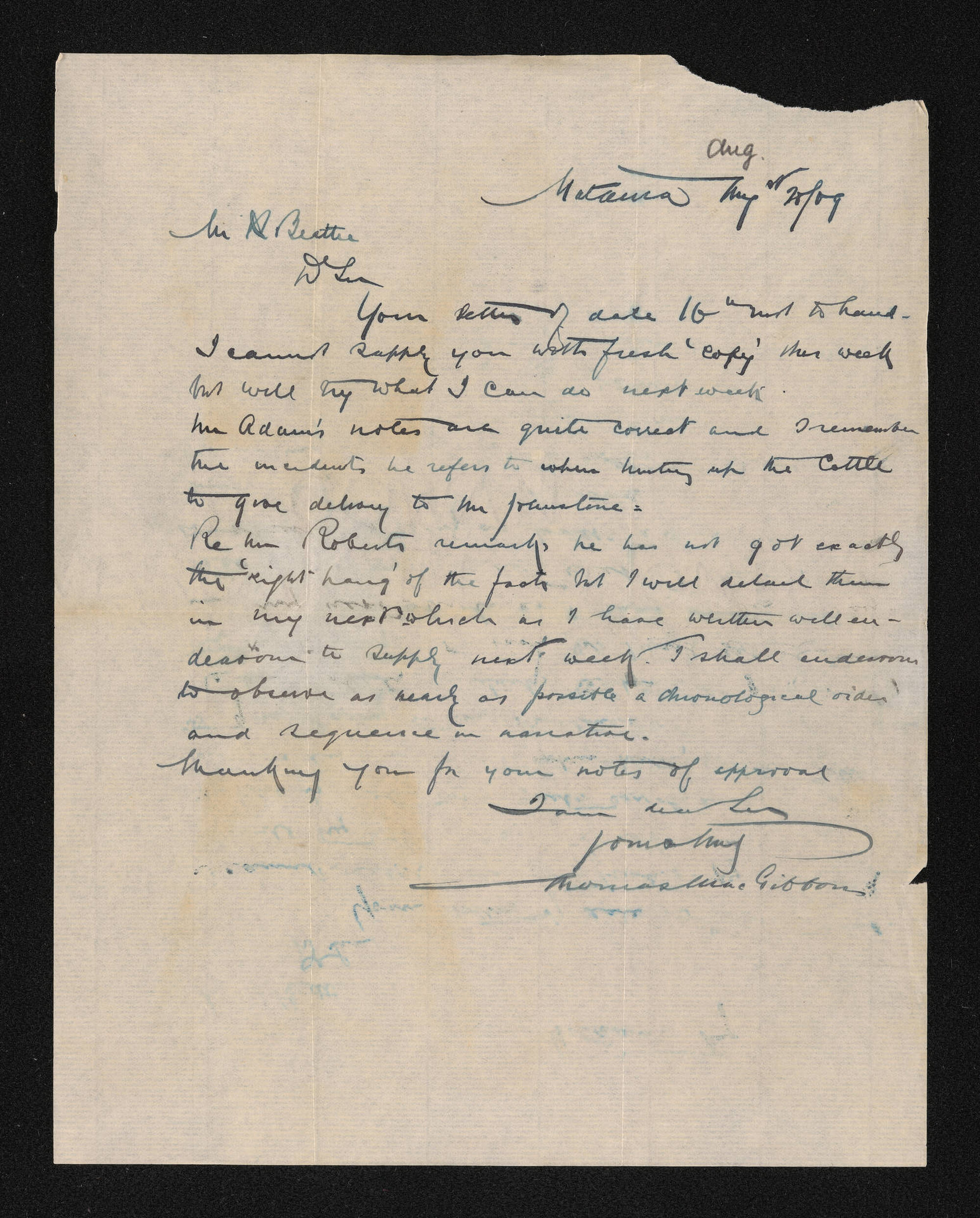 Letter, 20 August 1909, from Thomas MacGibbon, to Herries Beattie