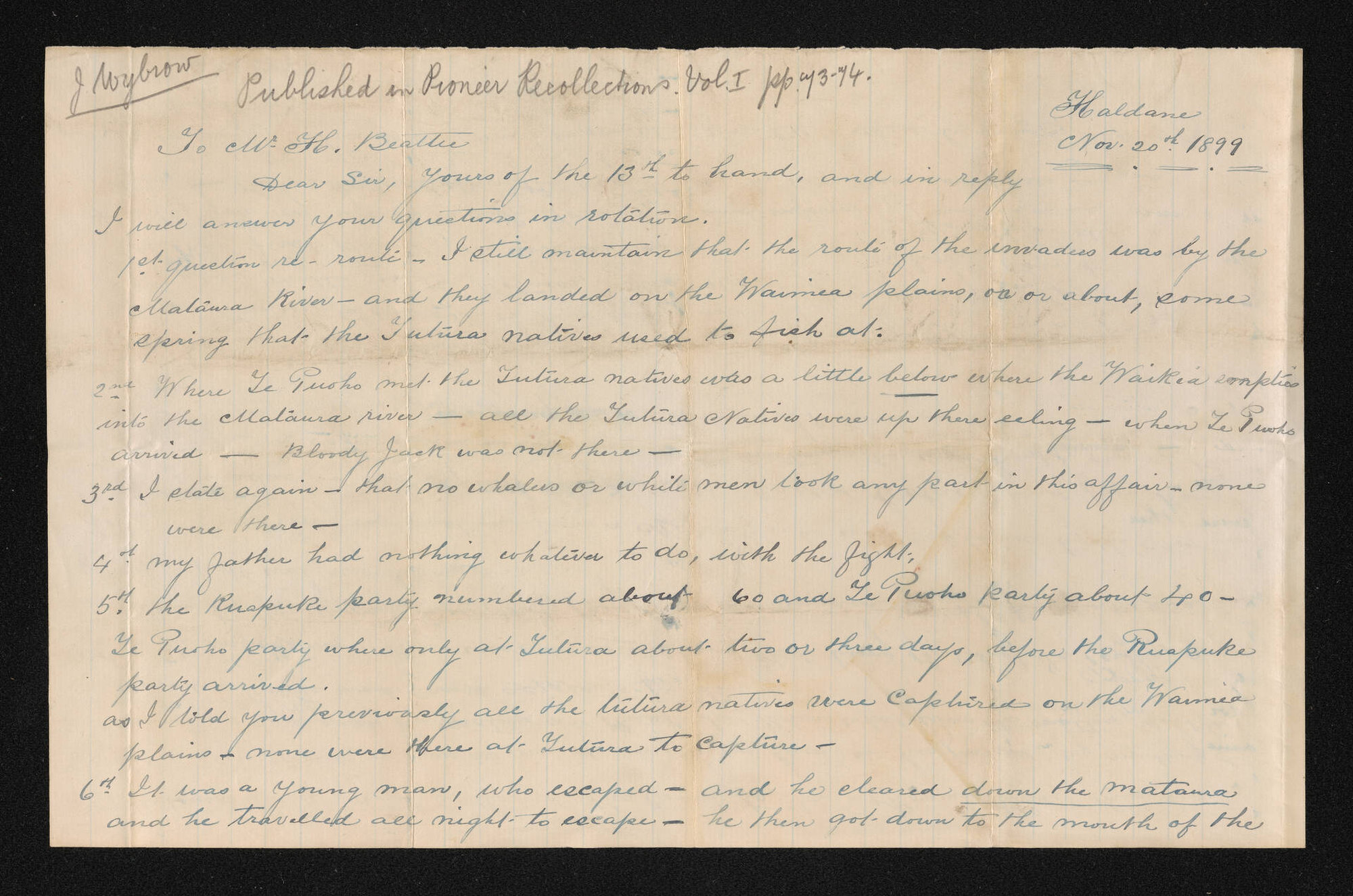 Letter, 20 November 1899, from James Wybrow Senr, to Herries Beattie