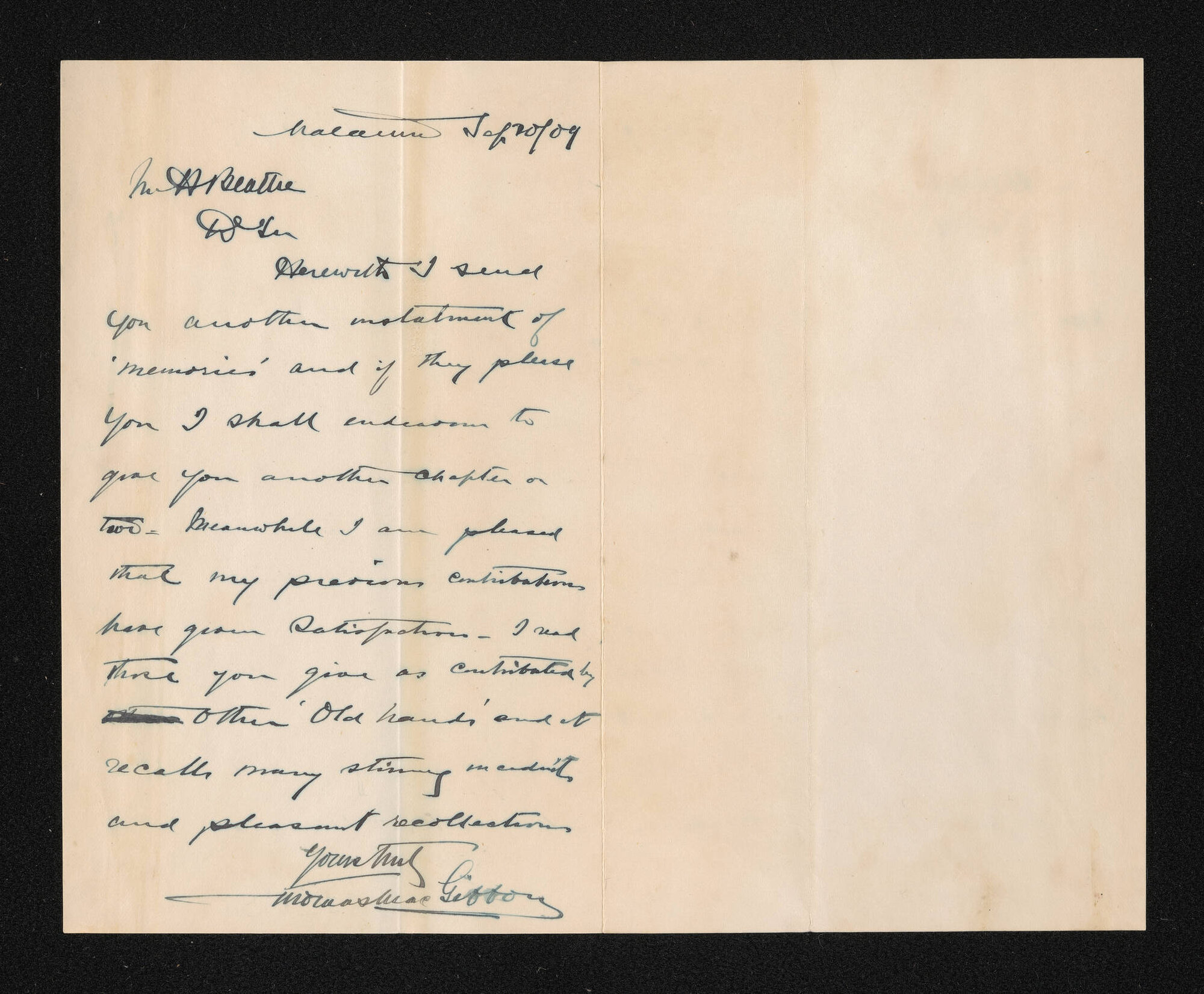 Letter, 20 September 1909, from Thomas MacGibbon, to Herries Beattie