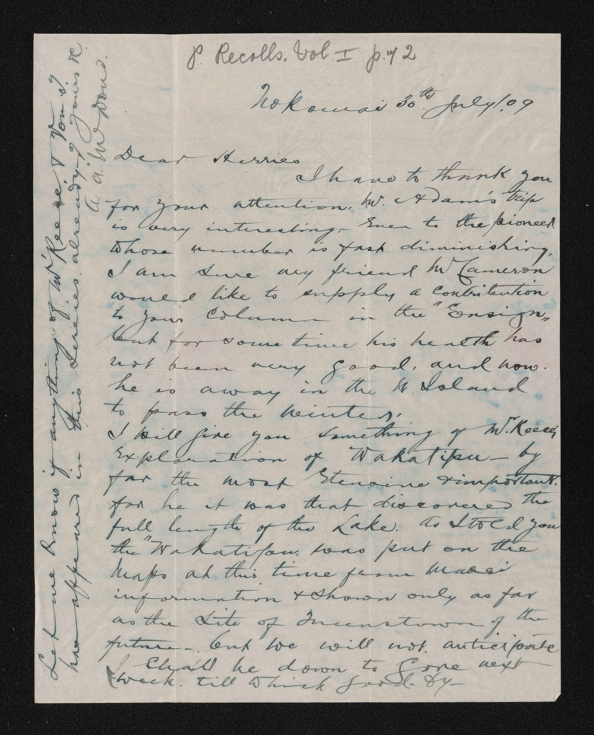 Letter, 30 July 1909, from A.A. MacDonald, to Herries Beattie