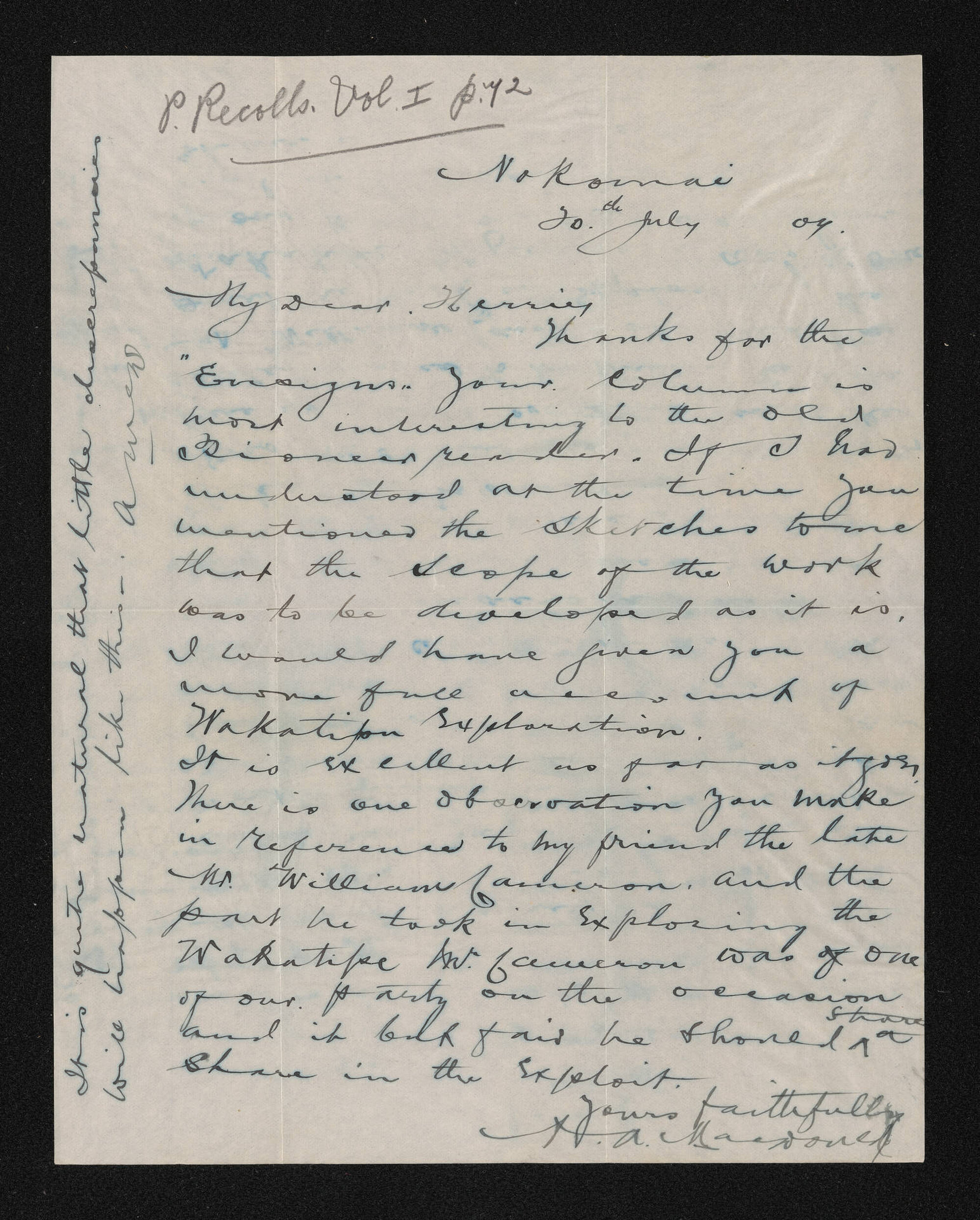 Letter, 20 July 1909, from A.A. MacDonald, to Herries Beattie 