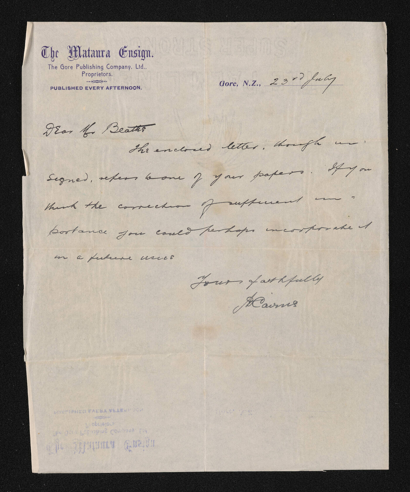 Letter, 23 July [1909?], from J.D. Cairns, to Herries Beattie, and enclosure attributed to Mrs. N. von Tunzelmann