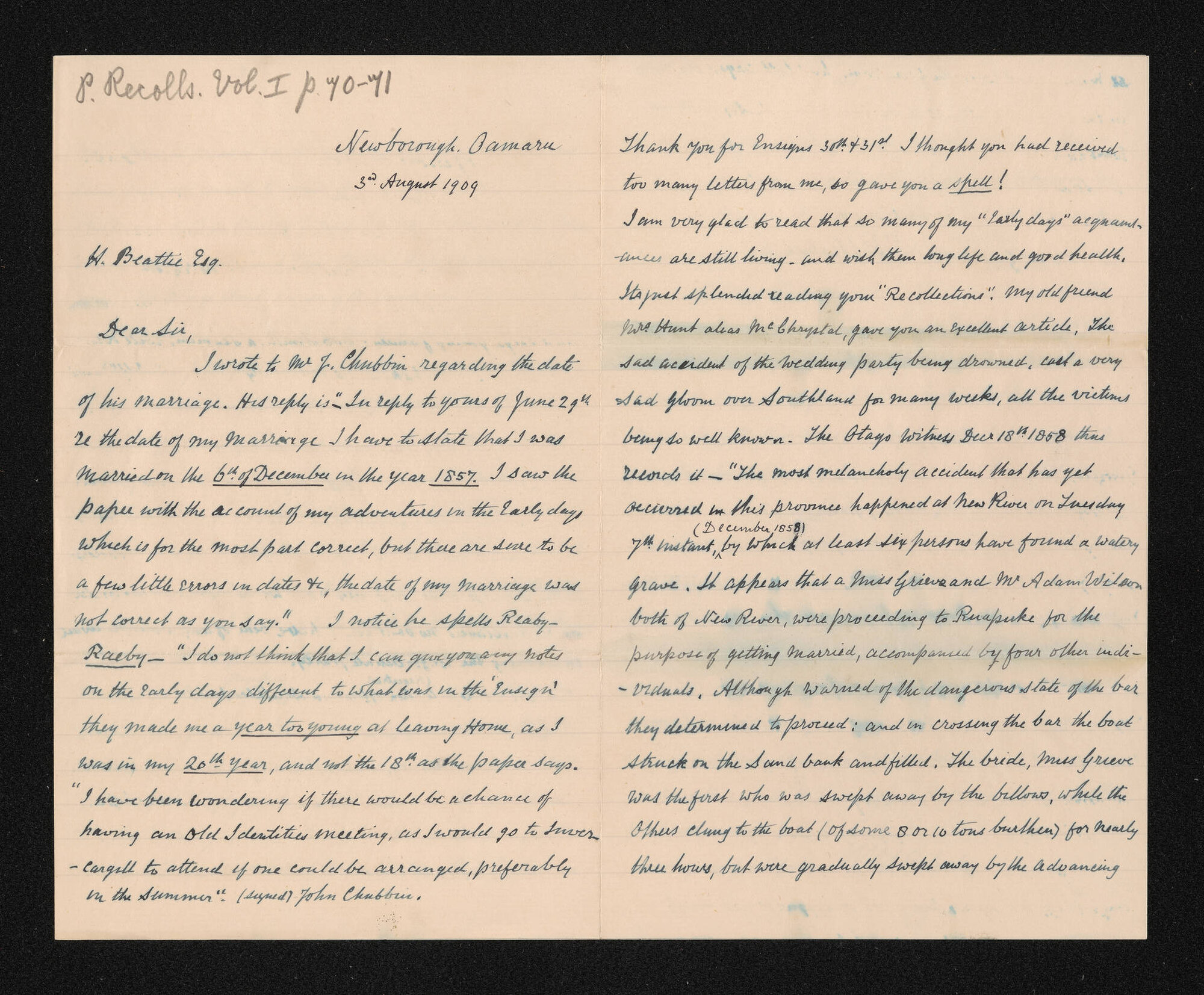 Letter, 3 August 1909, from W.H.S. Roberts, to Herries Beattie