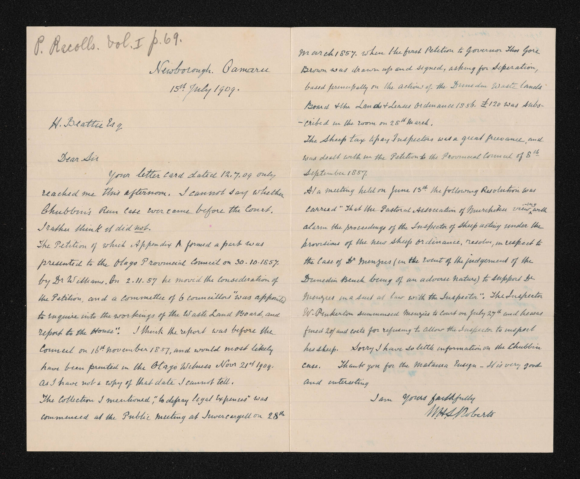 Letter, 15 July 1909, from W.H.S. Roberts, to Herries Beattie