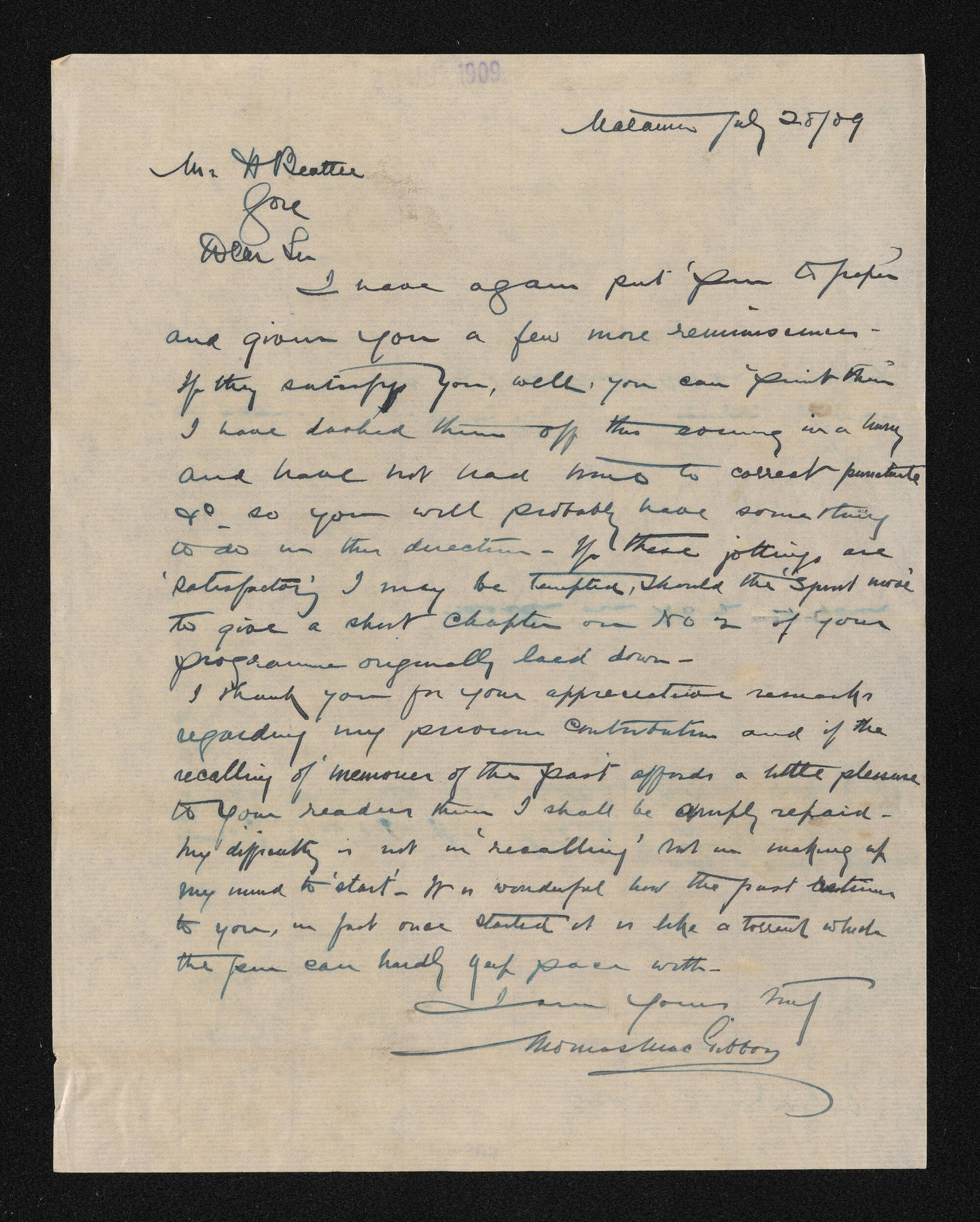 Letter, 28 July 1909, from Thomas MacGibbon, to Herries Beattie