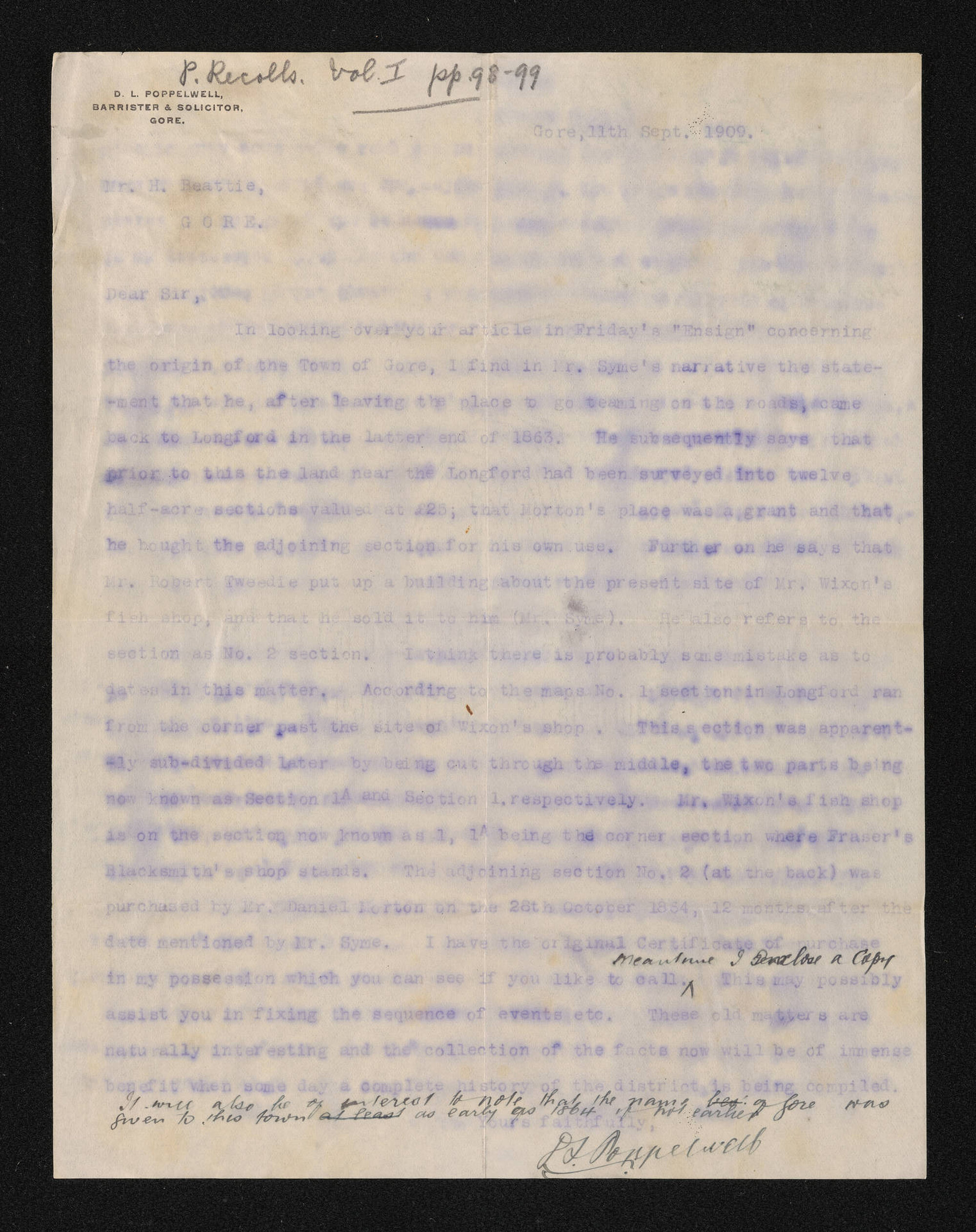 Letter, 11 September 1909, from D.L. Poppelwell, to Herries Beattie