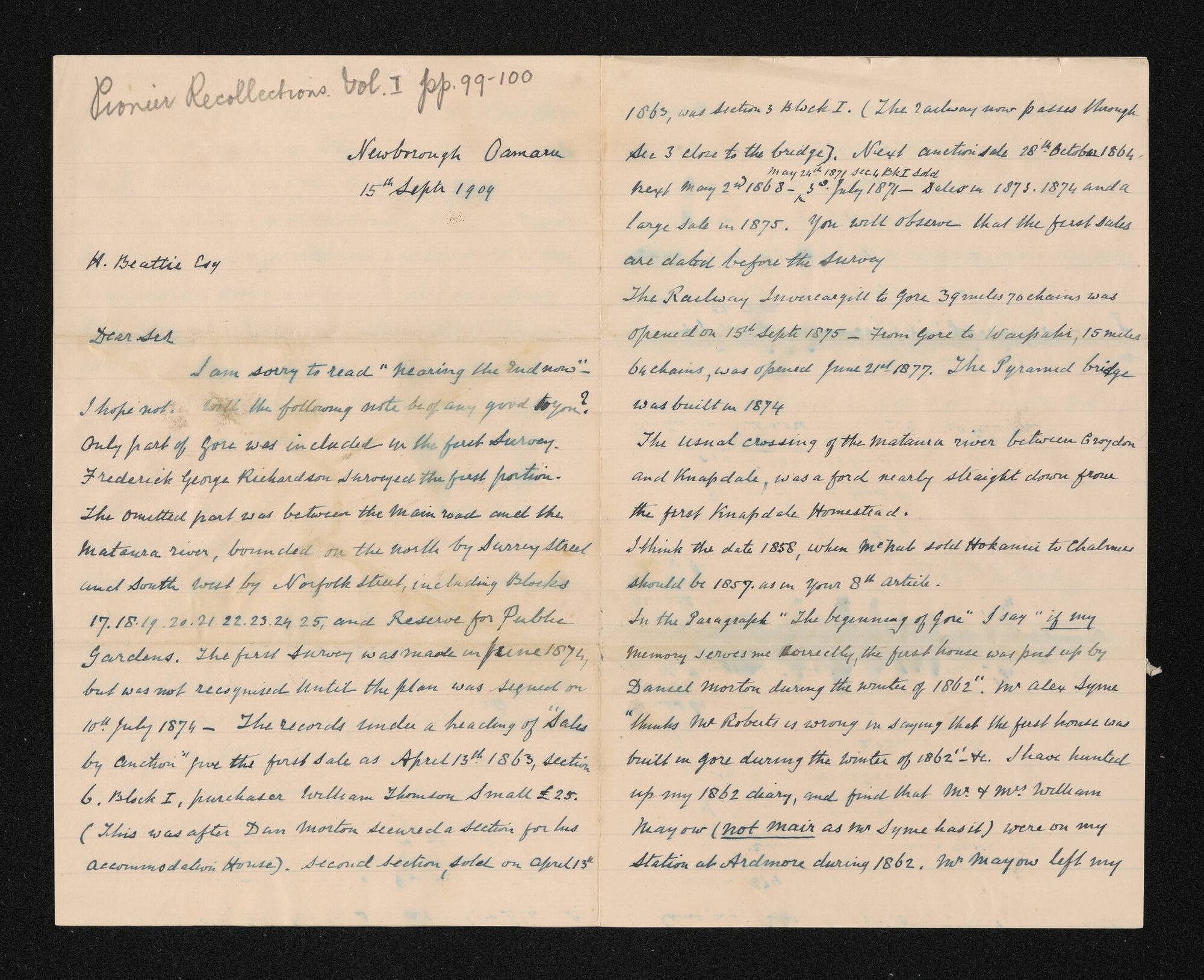 Letter, 15 September 1909, from W.H.S. Roberts, to Herries Beattie