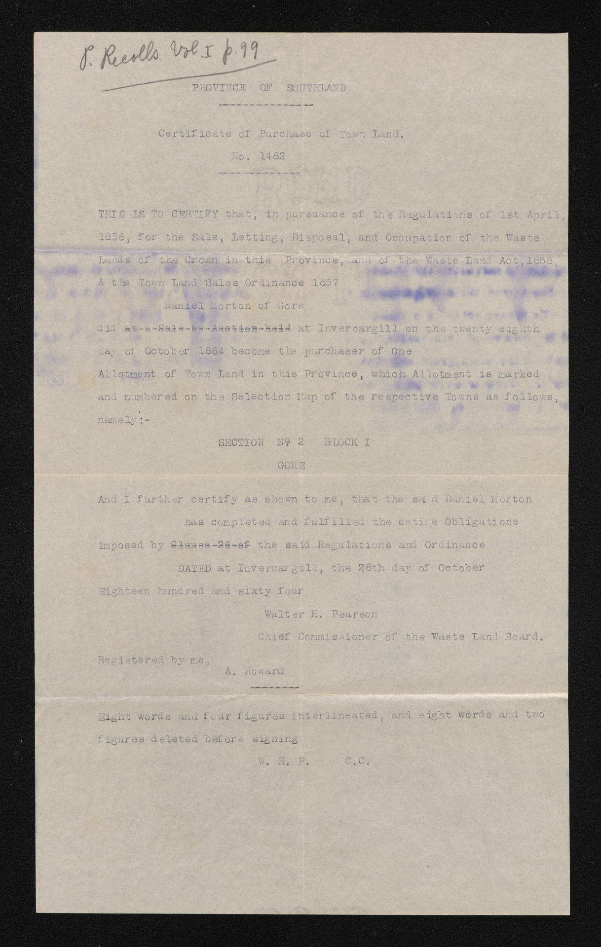Typed copy, 1864 Certificate of Purchase of Town Land No. 1482