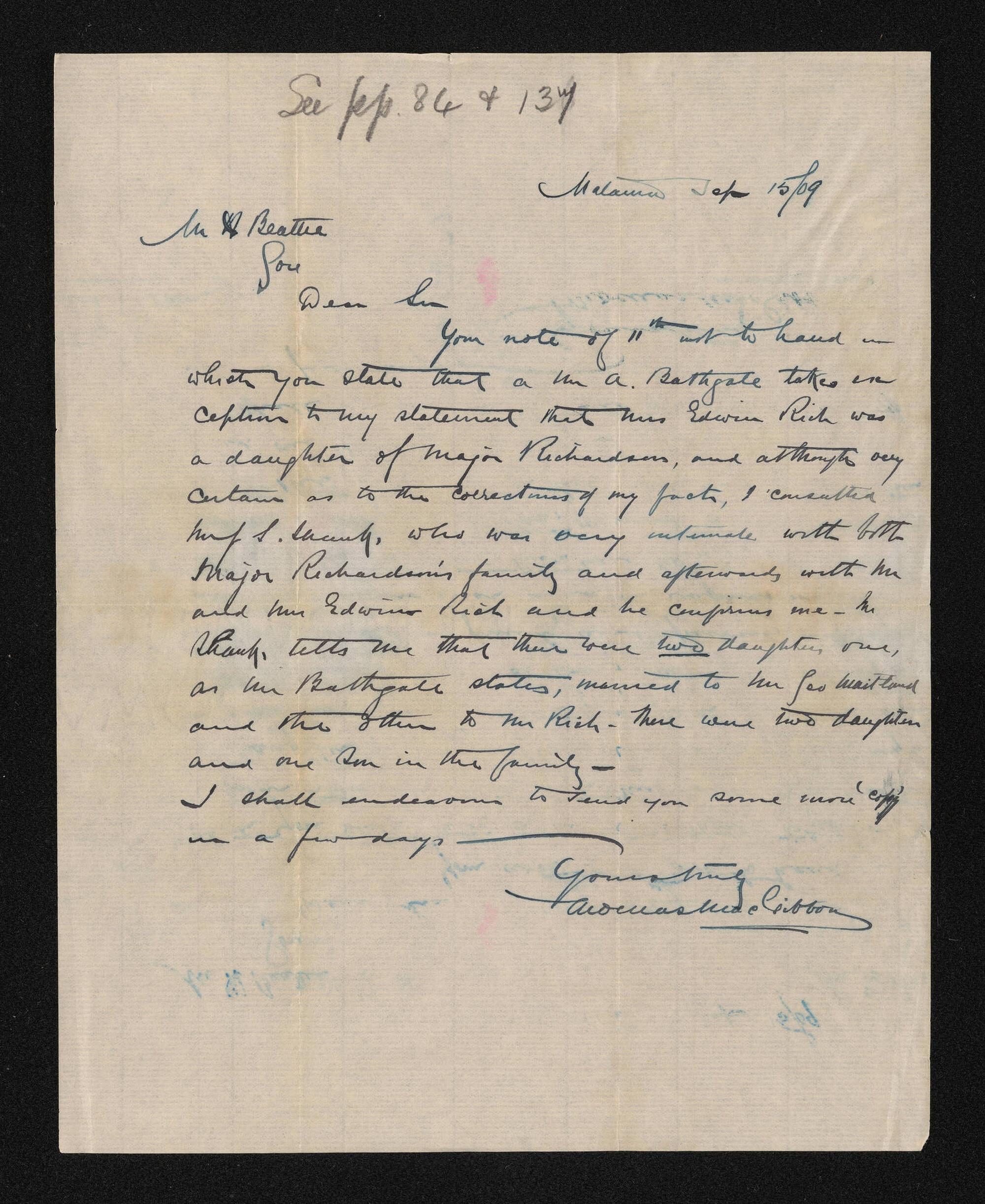 Letter, 15 September 1909, from Thomas MacGibbon, to Herries Beattie