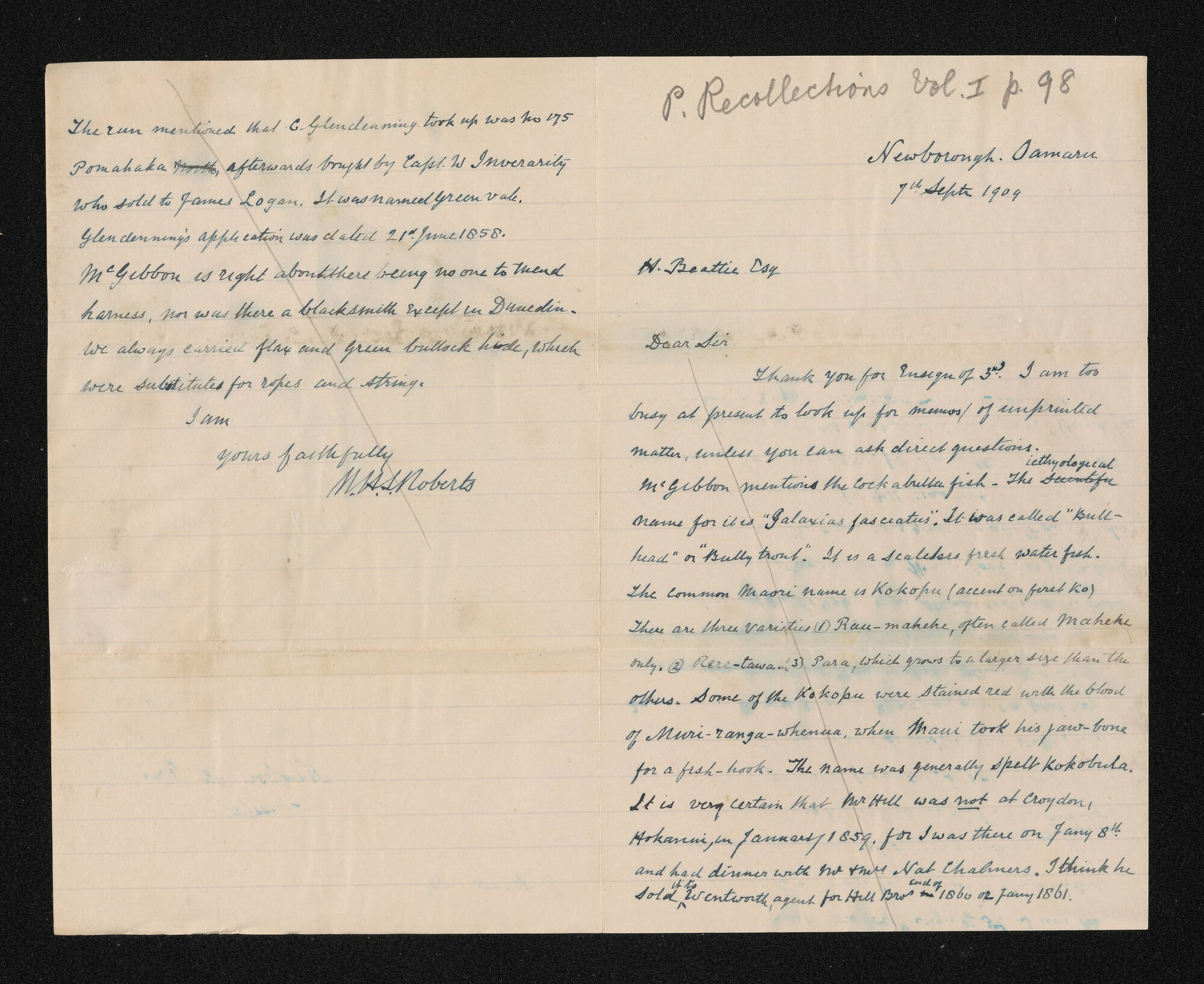 Letter, 7 September 1909, from W.H.S. Roberts, to Herries Beattie