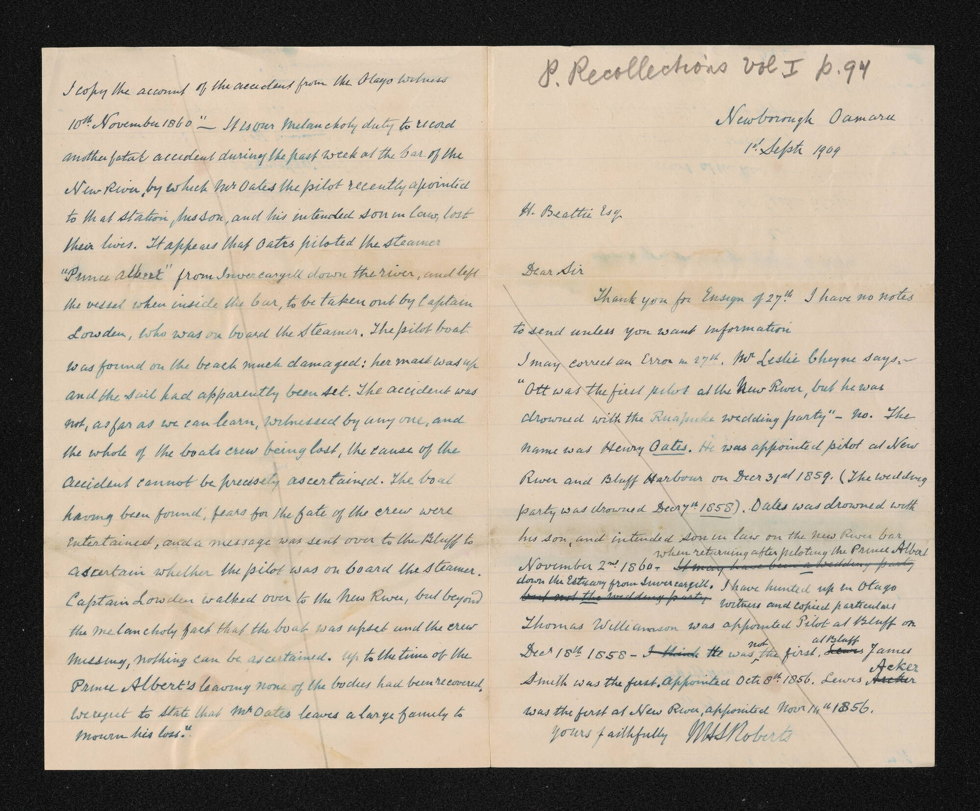 Letter, 1 September 1909, including handwritten excerpt from Otago Witness, 10 November 1860, from W.H.S. Roberts, to Herries Beattie,