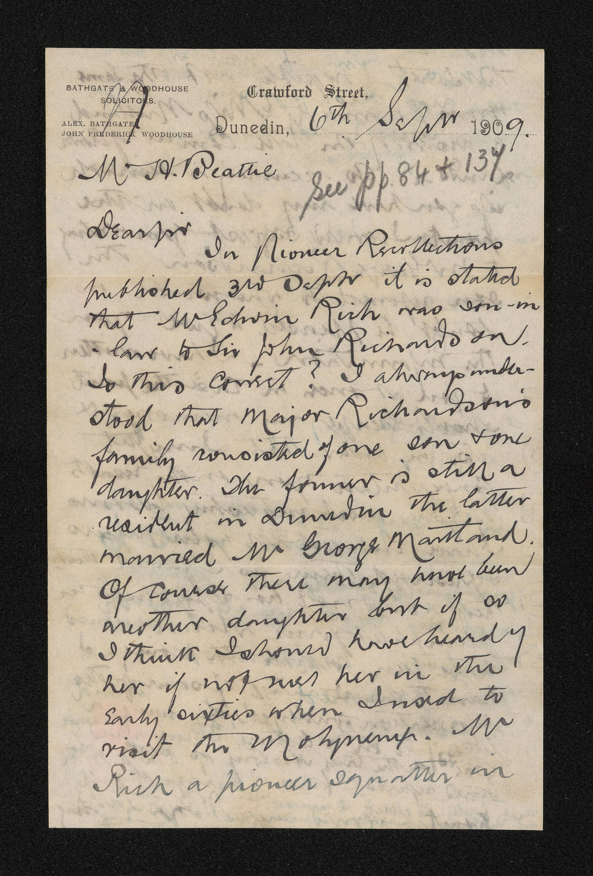 Letter, 6 September 1909, from A. Bathgate, to Herries Beattie