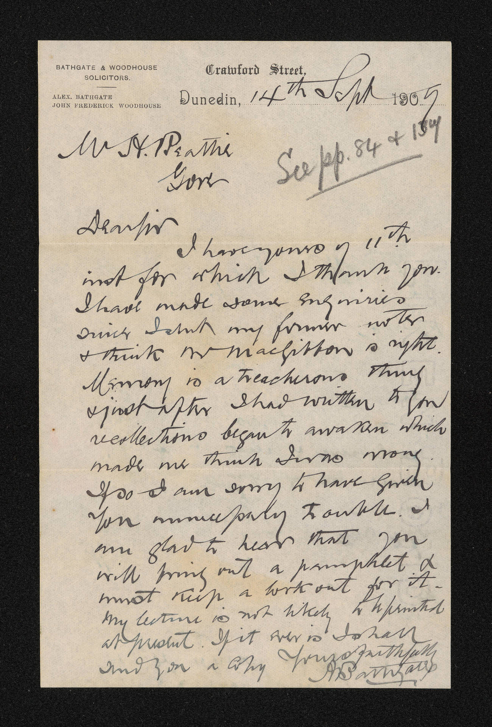 Letter, 14 September 1905, from A. Bathgate, to Herries Beattie