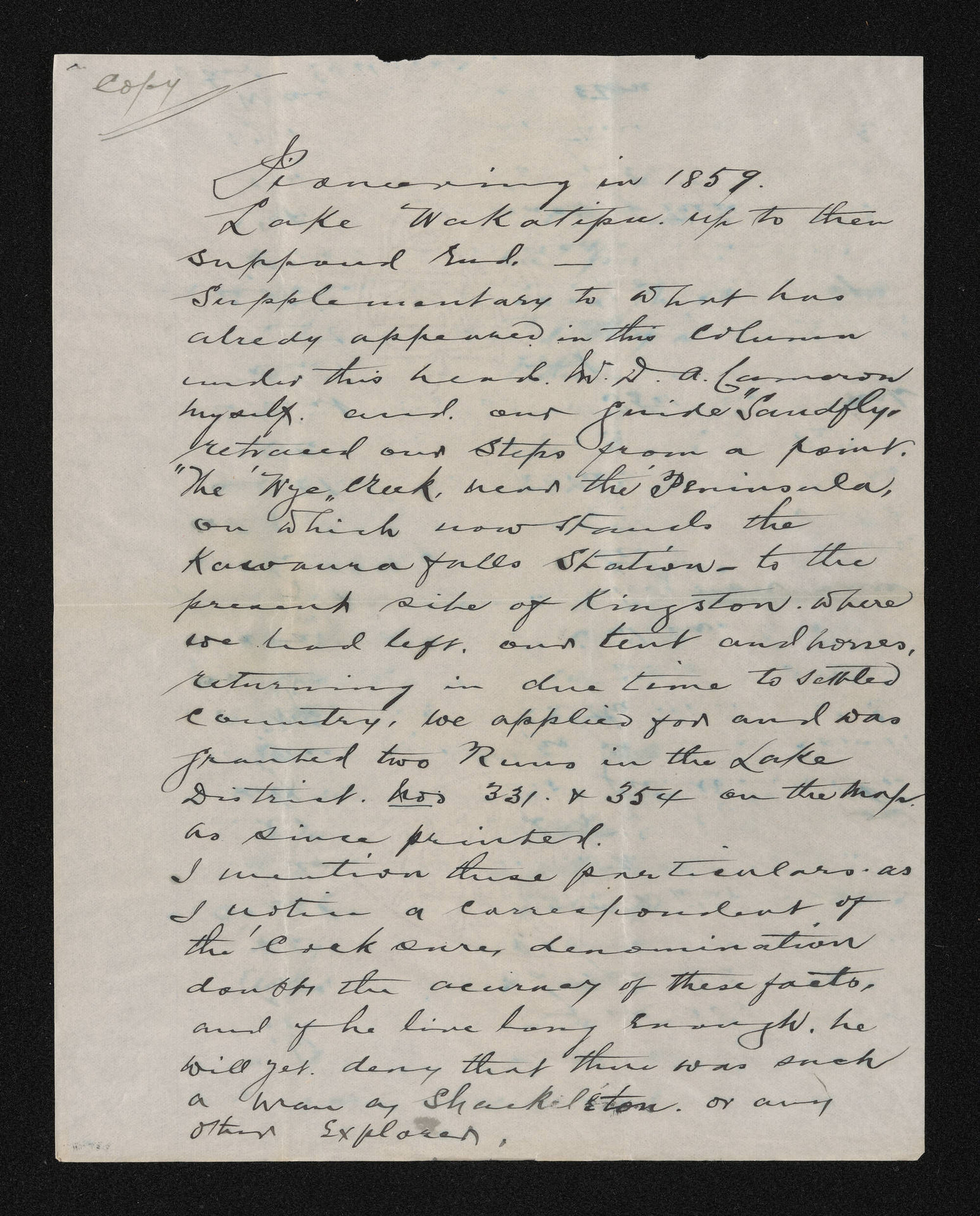 Copy of manuscript, n.d., 'Pioneering in 1859', [by Angus Alphonse MacDonald]