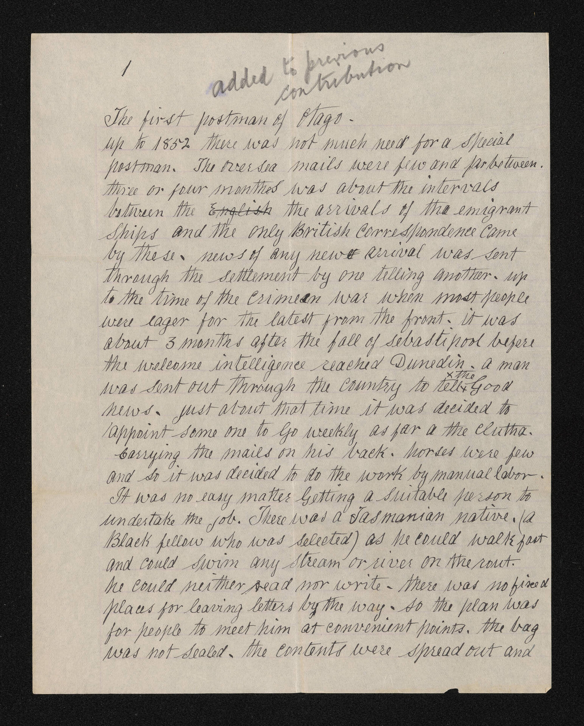 Manuscript, n.d., 'The first postman of Otago', [by George Dawson]  