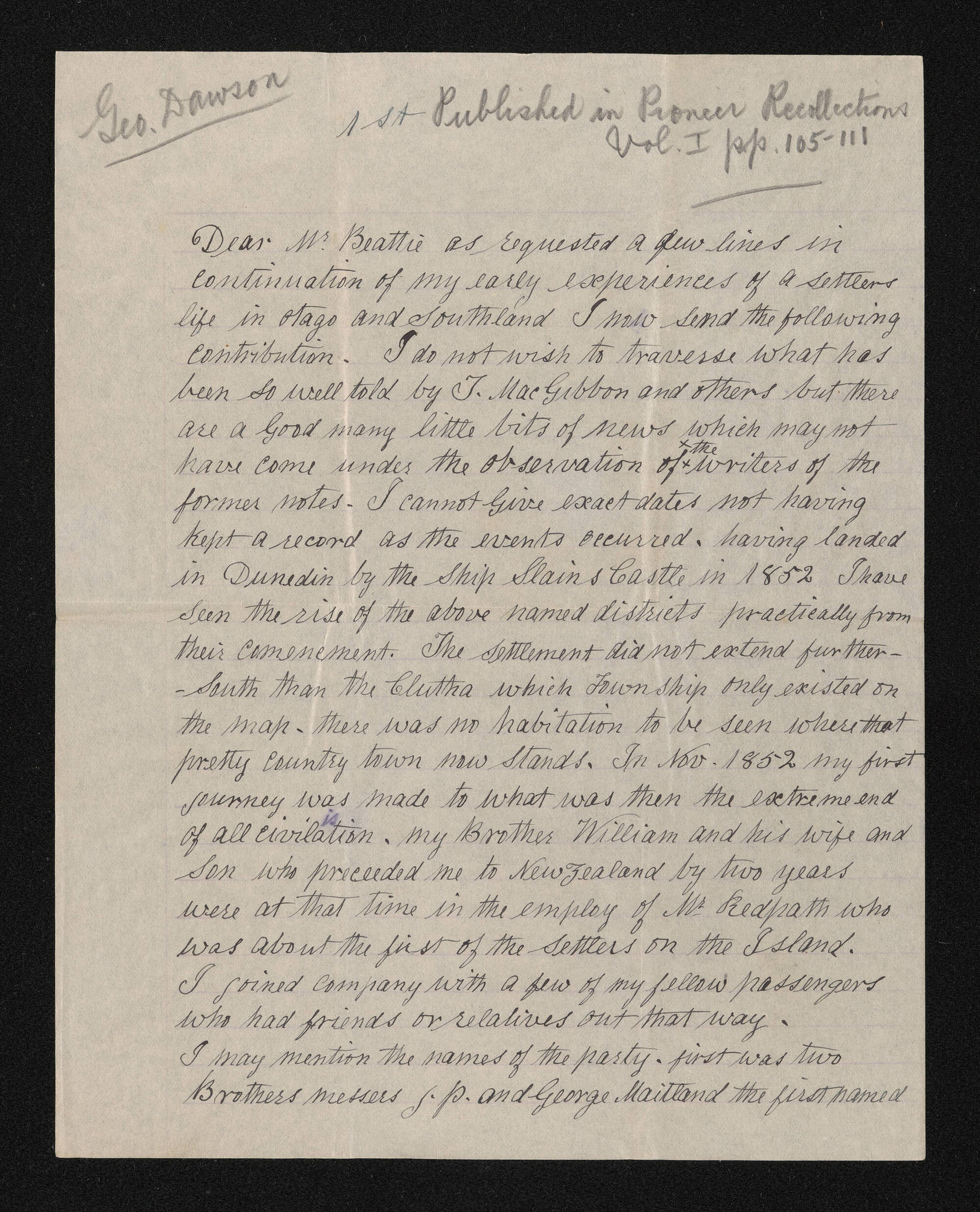 Manuscript, n.d., by Geo. Dawson