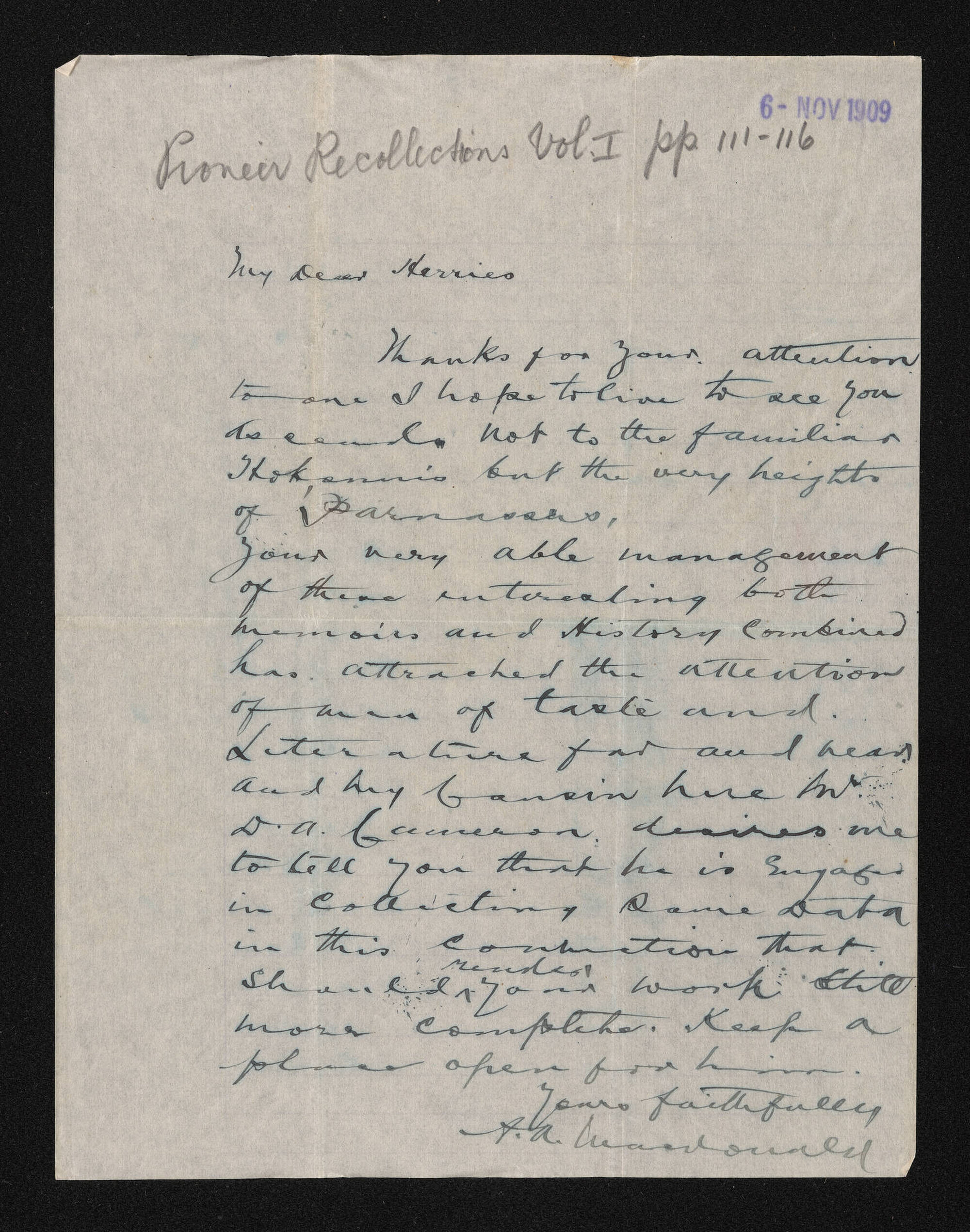 Letter, 6 November 1909, from A.A. MacDonald