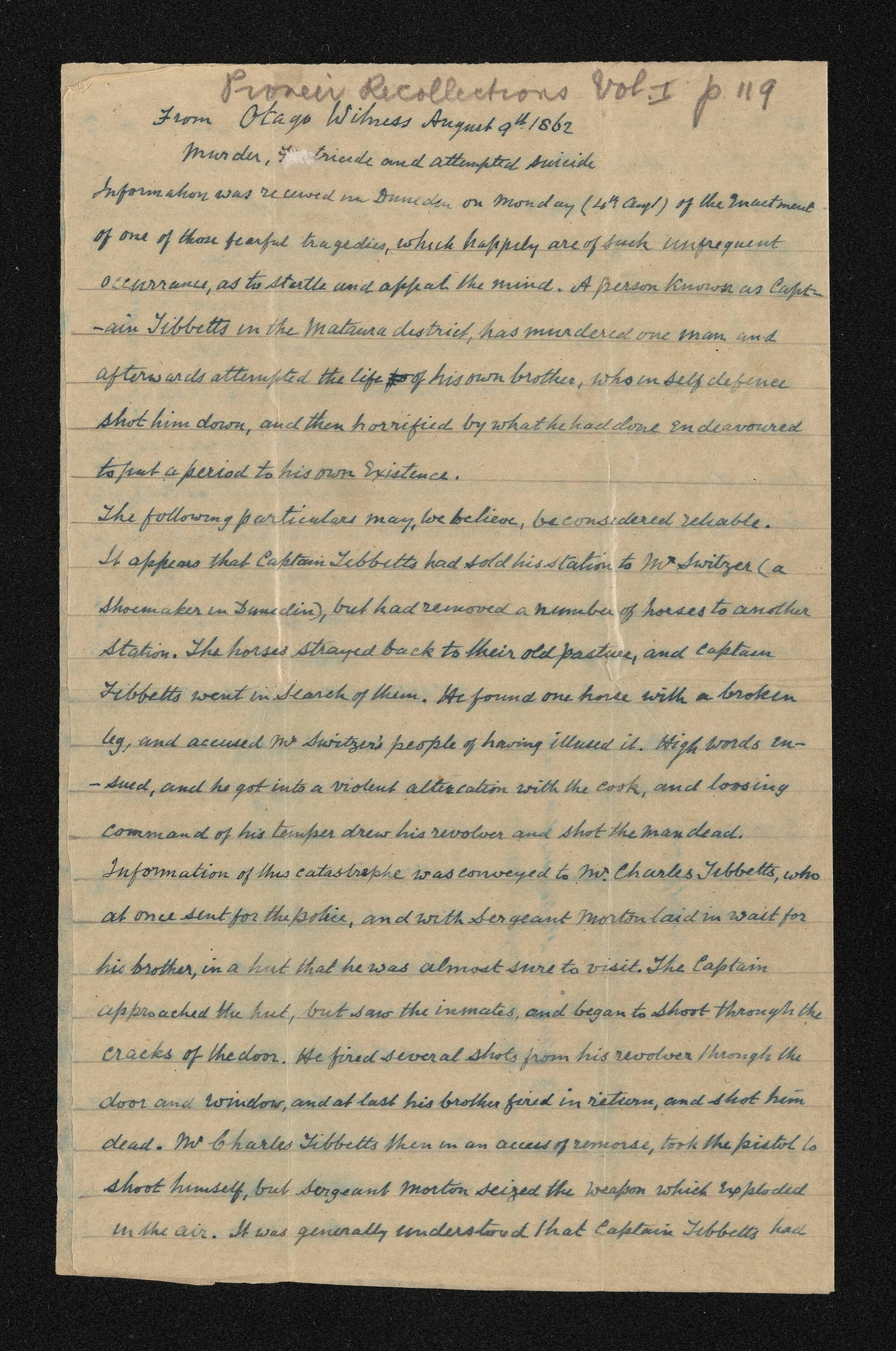 Handwritten excerpt from Otago Witness, 9 August 1862, n.d., 'Murder, fratricide and attempted suicide'