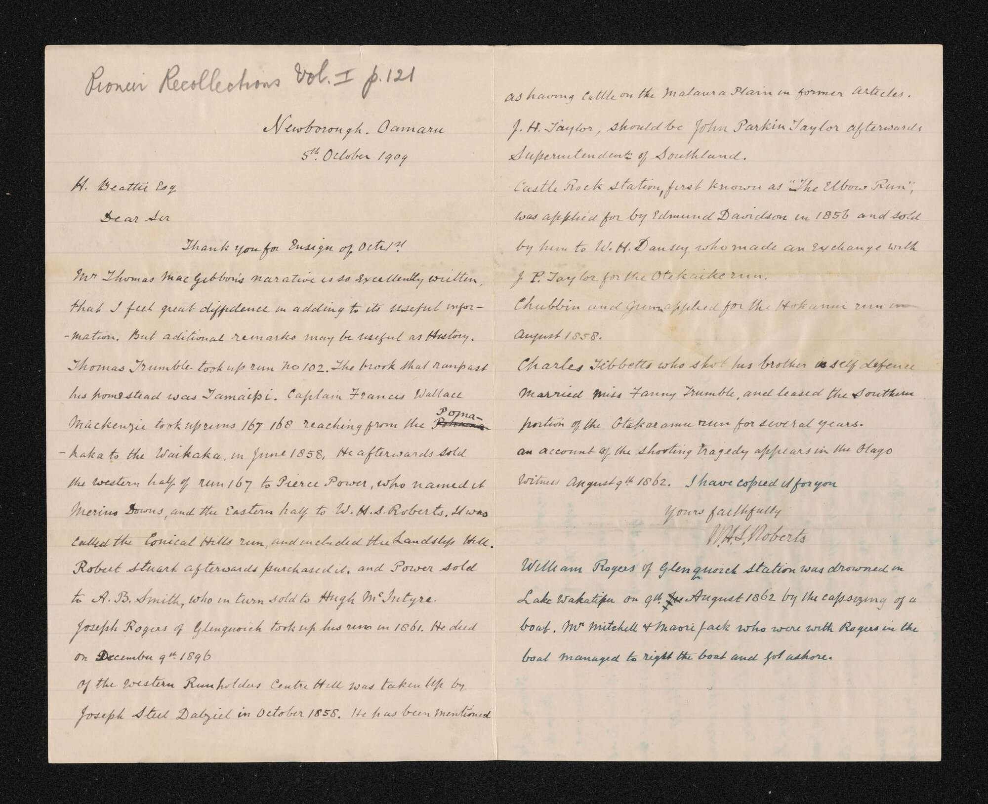 Letter, 5 October 1909, from W.H.S. Roberts, to Herries Beattie