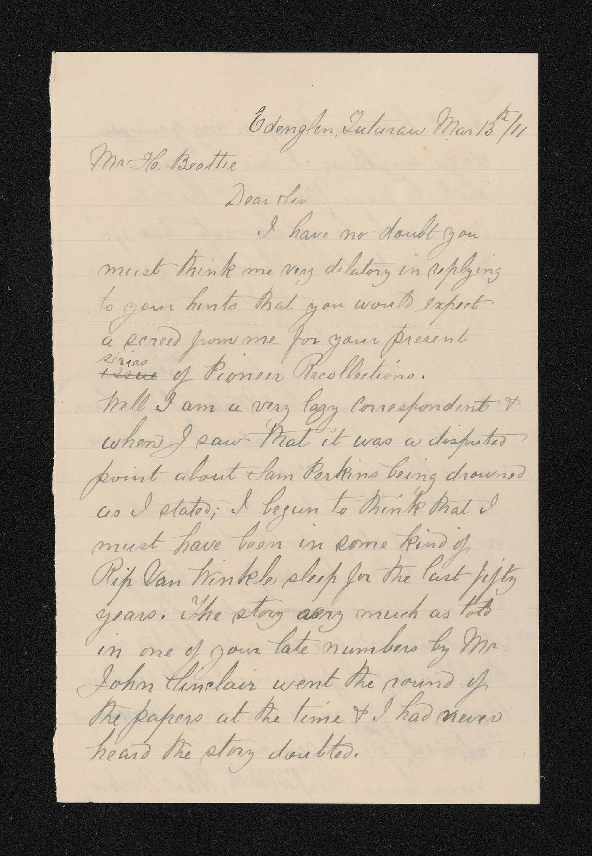 Letter, 13 March 1911, from Alexr Dickie, to Herries Beattie