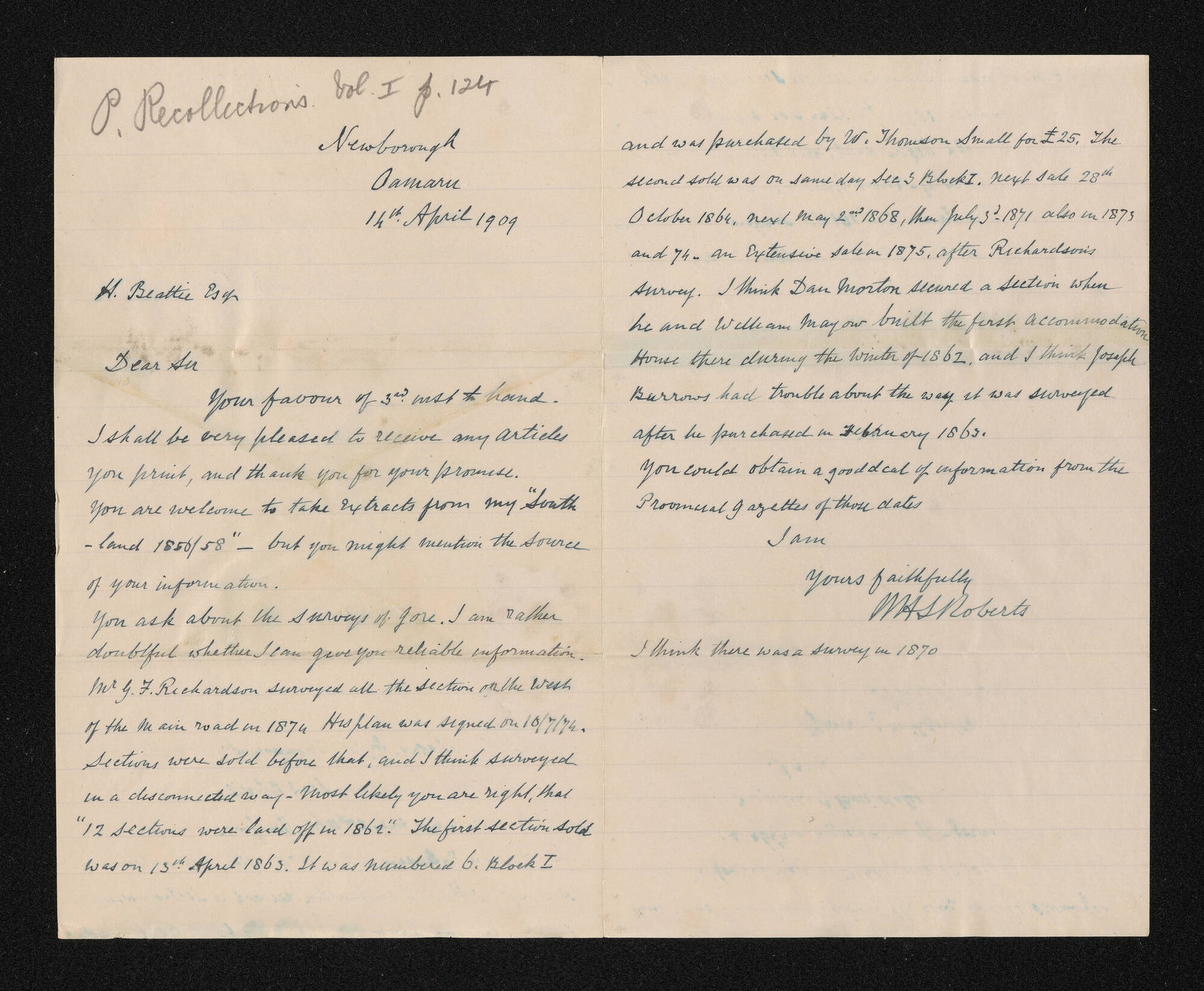 Letter, 14 April 1909, from W.H.S. Roberts, to Herries Beattie