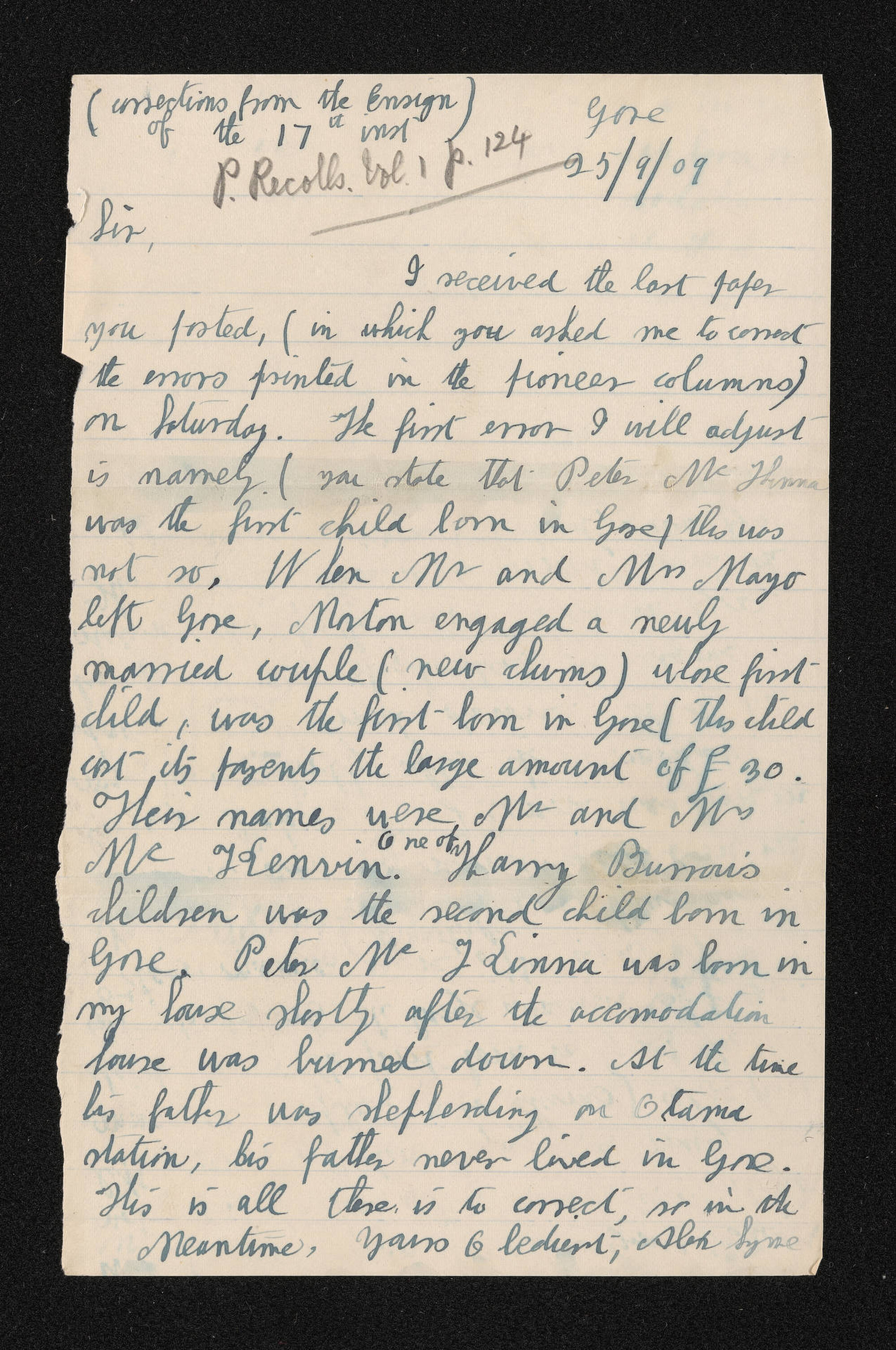 Letter, 25 September 1909, from Alex Syme, to Herries Beattie