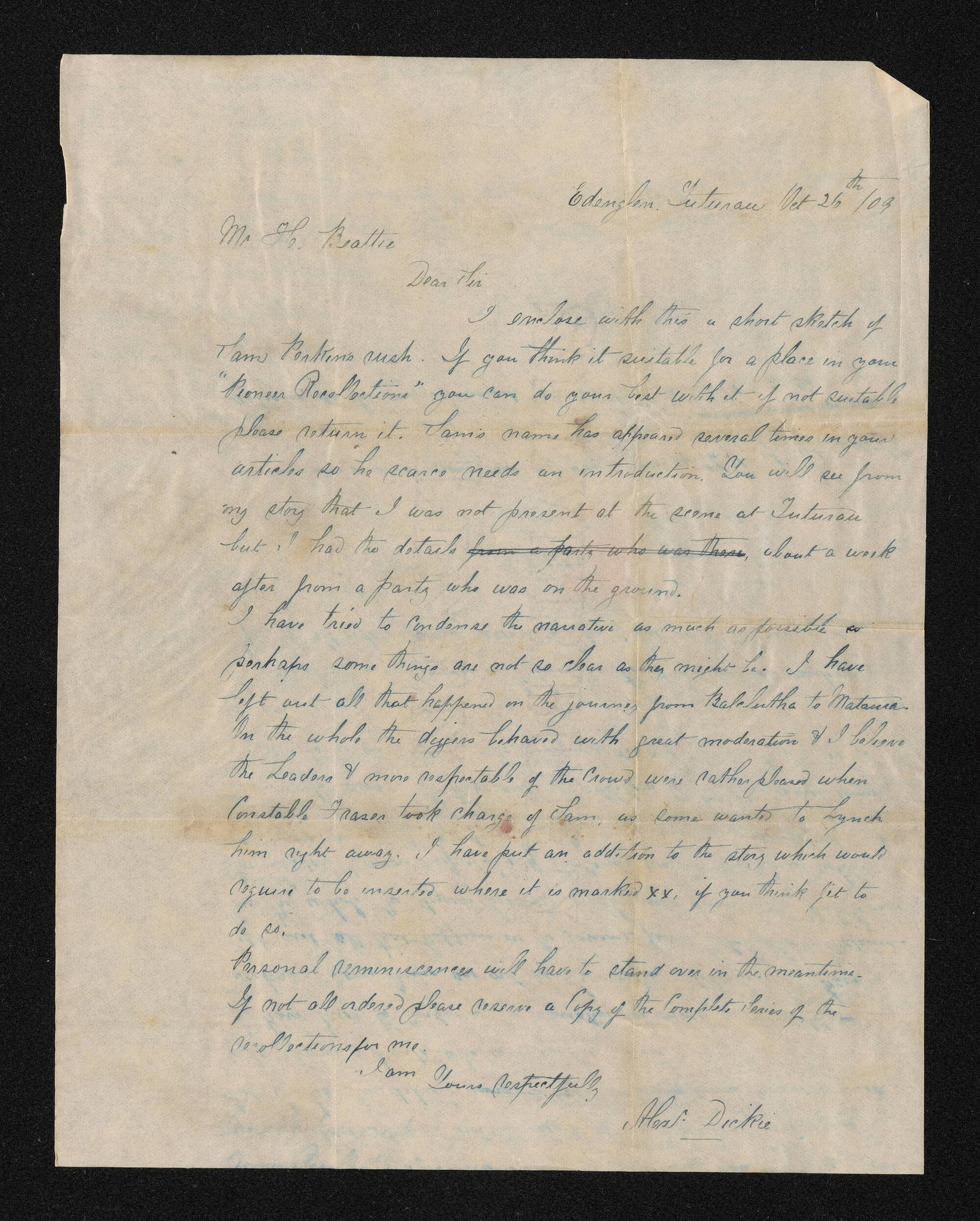 Letter, 26 October 1909, from Alexr Dickie, to Herries Beattie