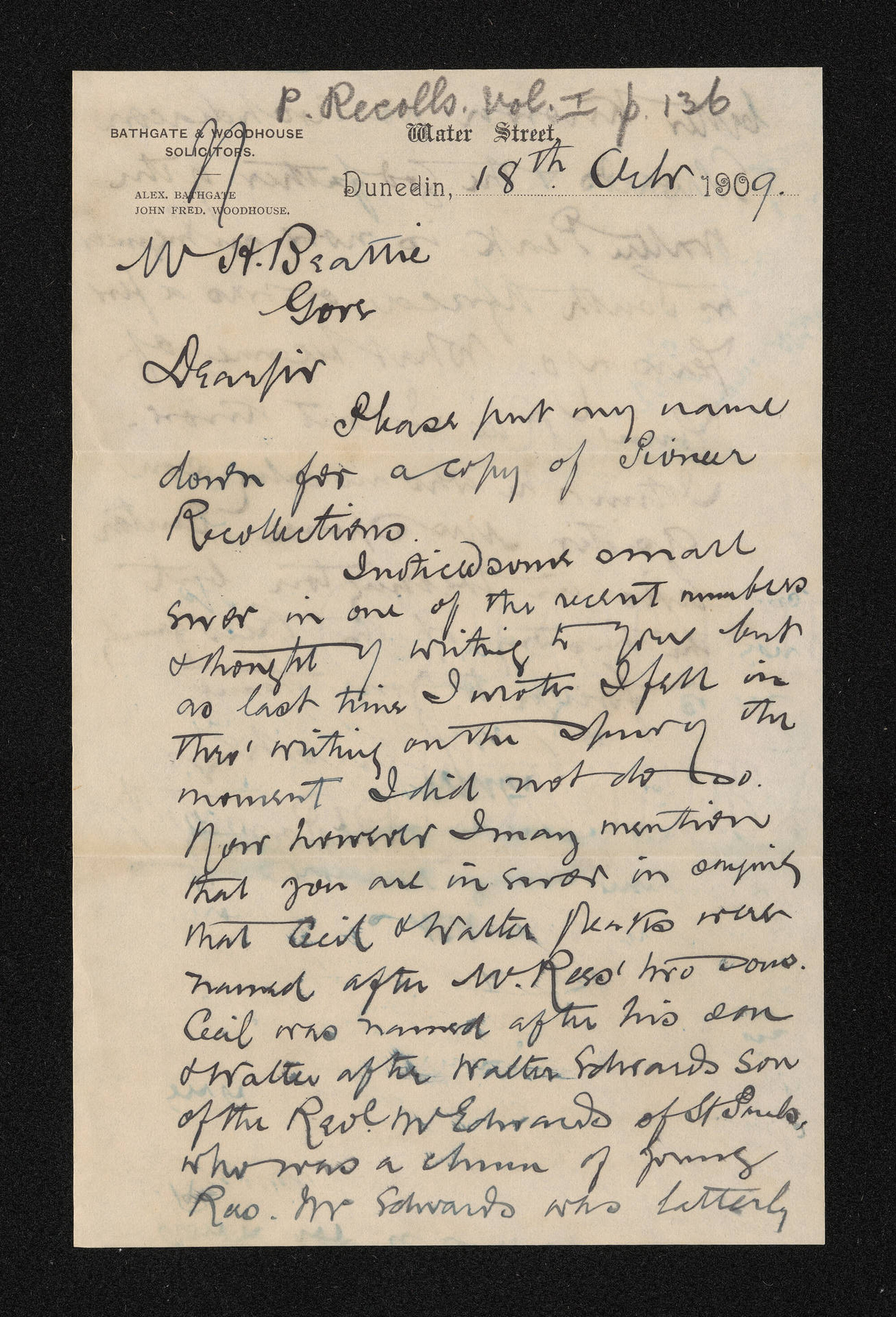 Letter, 18 October 1909, from A. Bathgate, to Herries Beattie