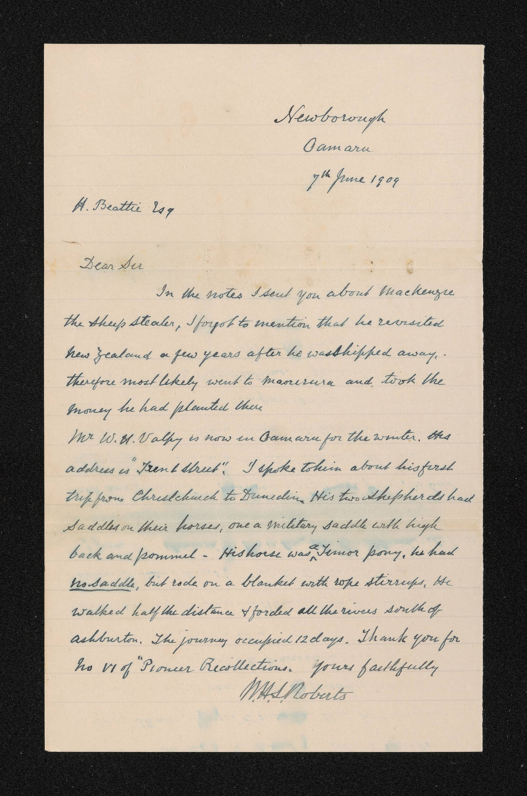 Letter, 7 June 1909, from W.H.S. Roberts, to Herries Beattie