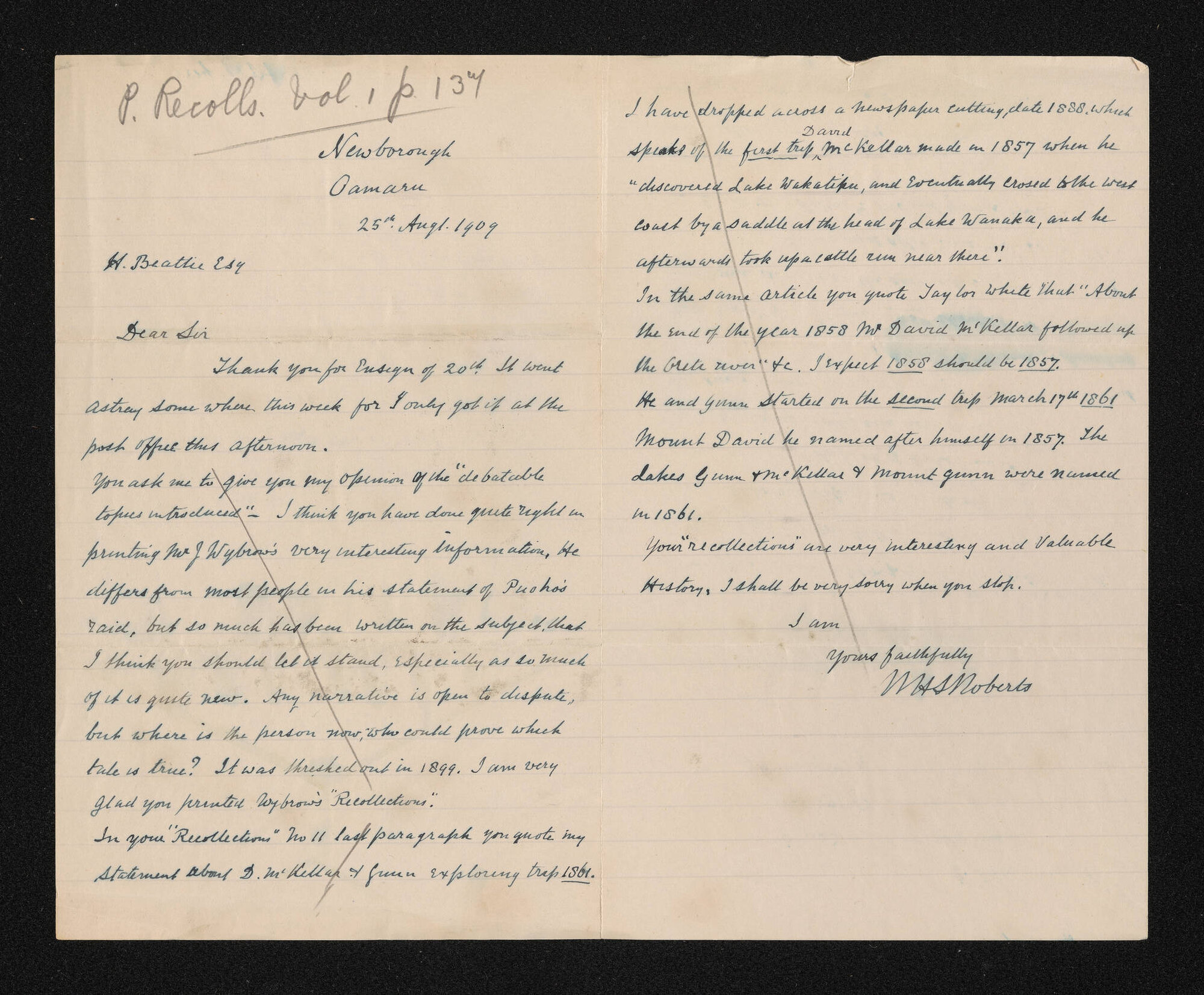 Letter, 25 August 1909, from W.H.S. Roberts, to Herries Beattie