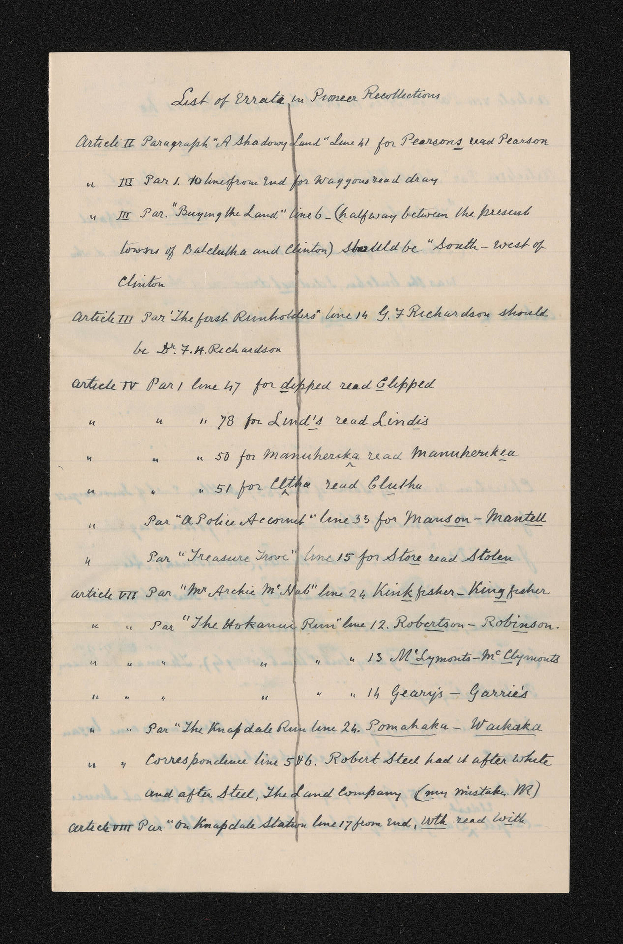 List of errata in Pioneer Recollections', n.d., [by William Henry Sherwood Roberts]