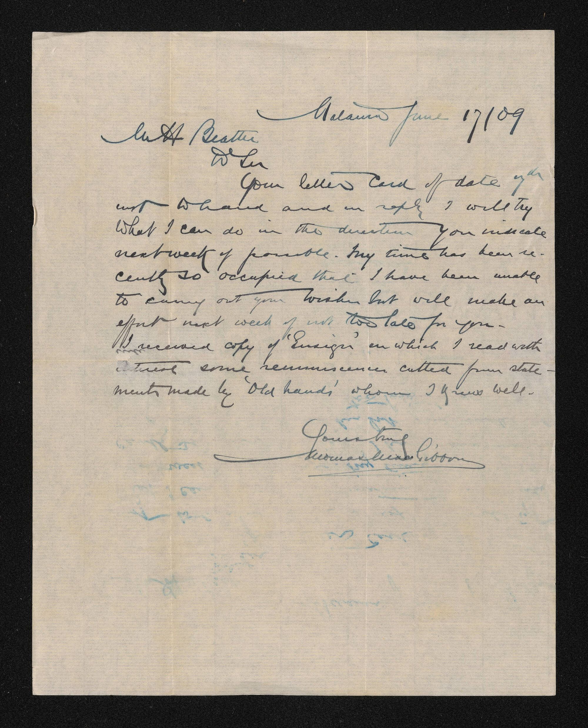 Letter, 17 June 1909, from Thomas MacGibbon, to Herries Beattie