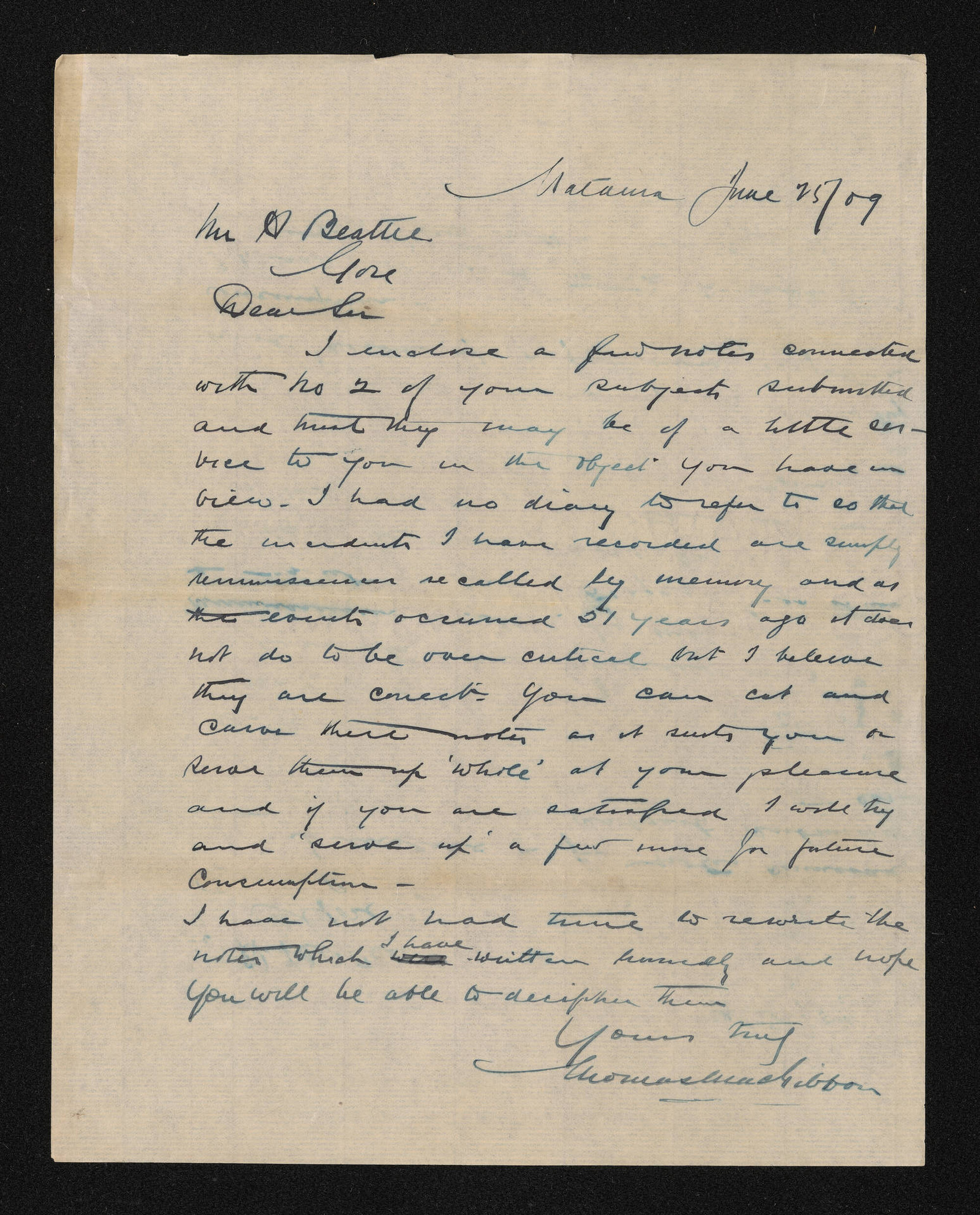 Letter, 25 June 1909, from Thomas MacGibbon, to Herries Beattie, with enclosure